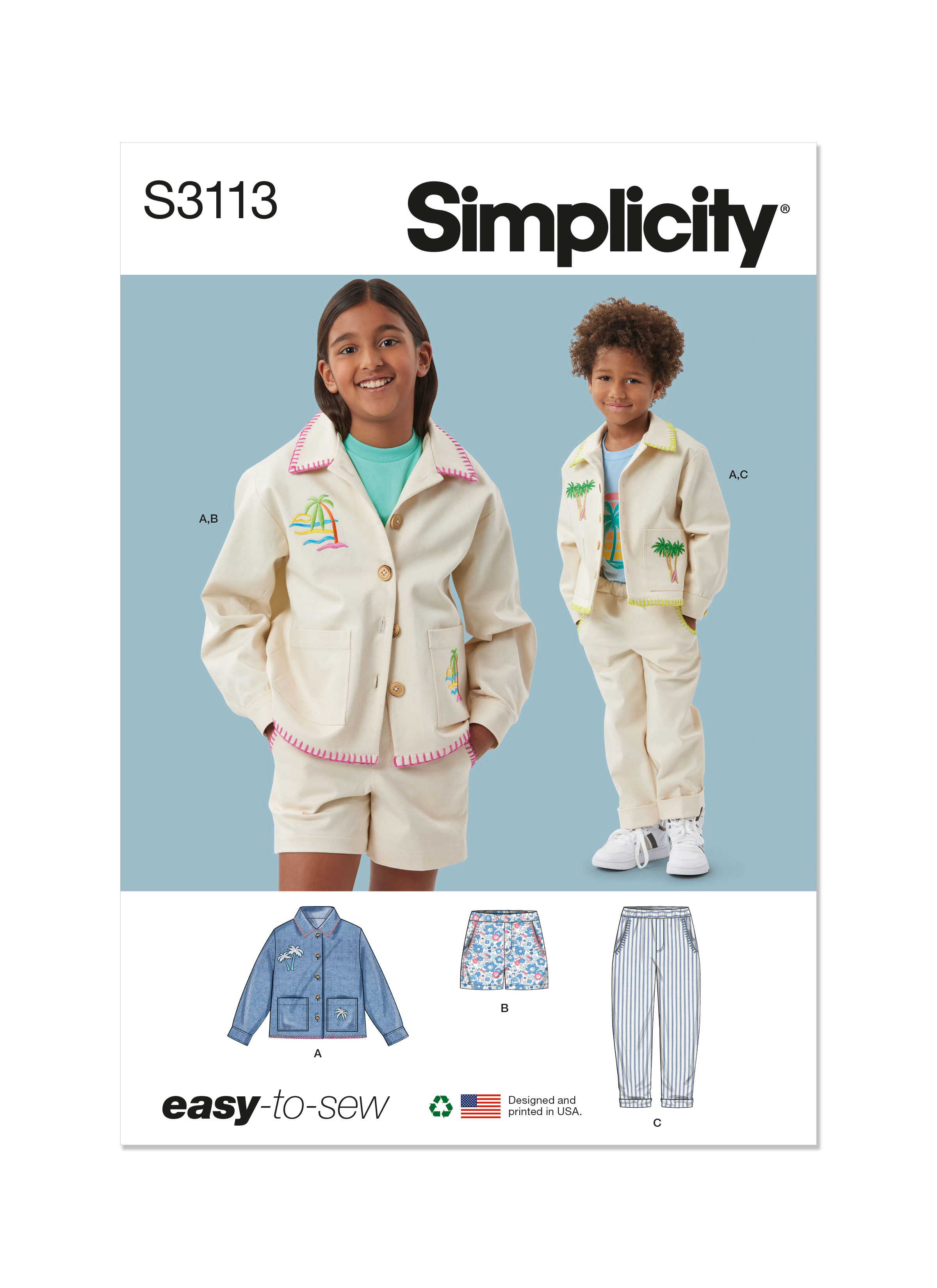 Simplicity S3113 | Simplicity Sewing Pattern Children's or Girls' and Boys' Jacket, Shorts and Pants | Front of Envelope