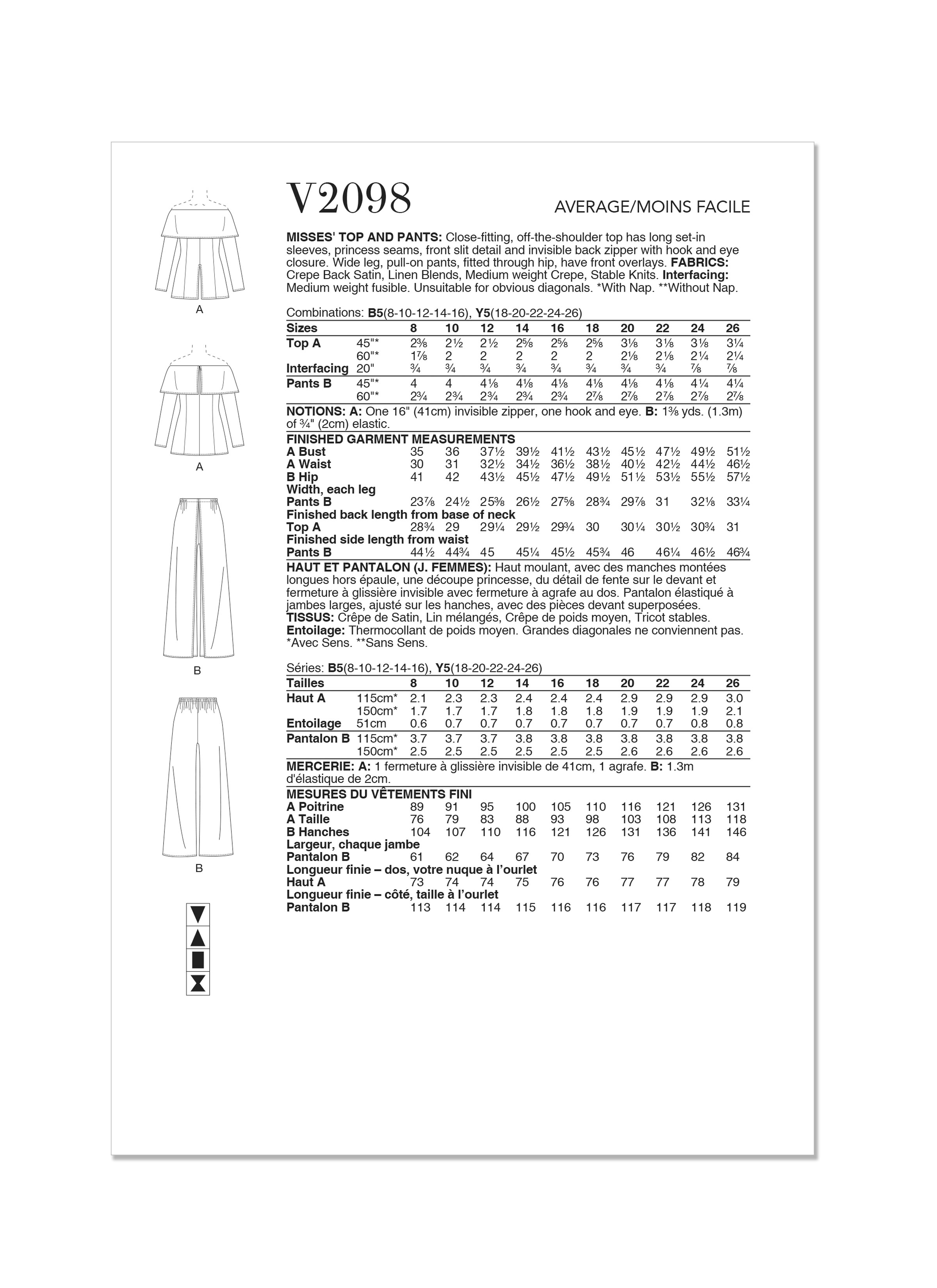 Vogue Patterns V2098 | Vogue Patterns Misses' Top and Pants by Tom And Linda Platt | Back of Envelope