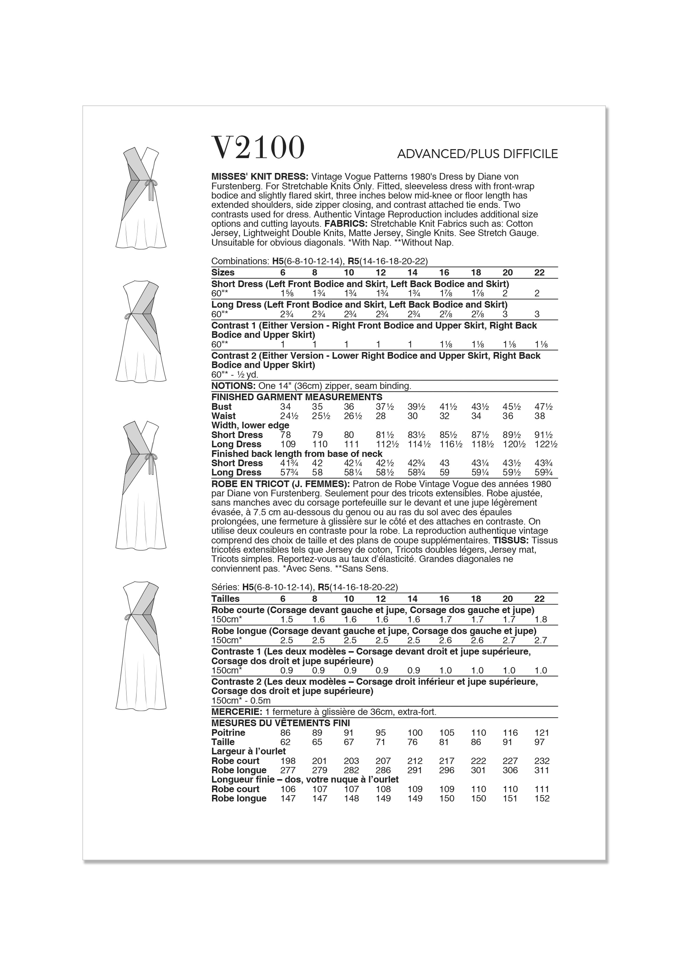 Vogue Patterns V2100 | Vogue Patterns 1980s Misses' Knit Dress by Diane Von Furstenberg | Back of Envelope