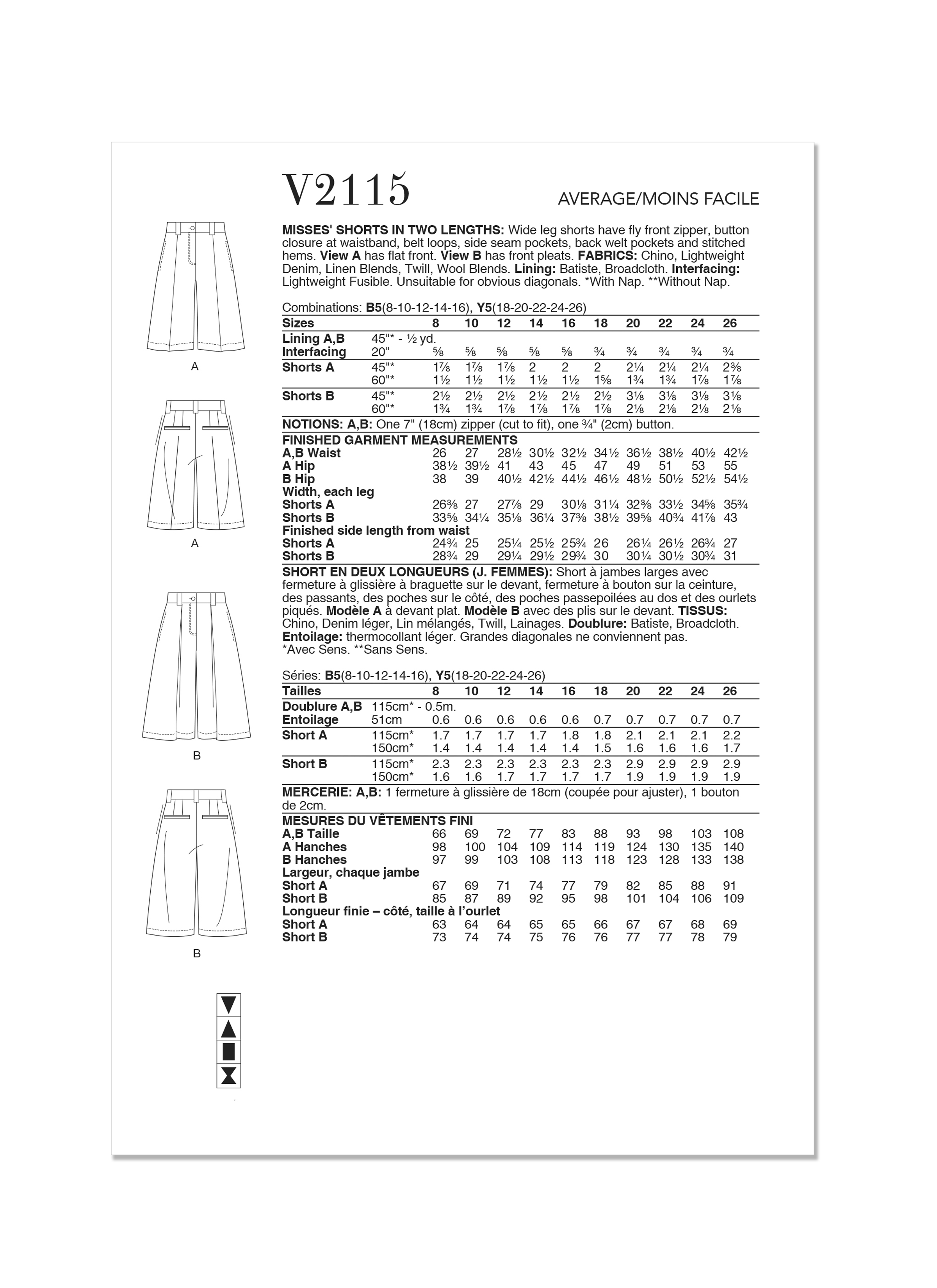 Vogue Patterns V2115 | Vogue Patterns Misses' Shorts in Two Lengths | Back of Envelope