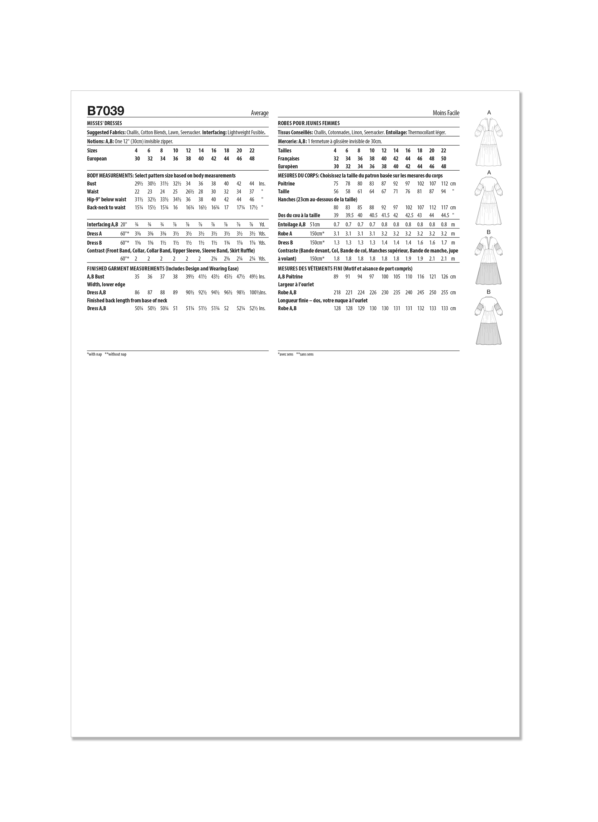 Butterick B7039 | Butterick Sewing Pattern Misses' Dresses  | Back of Envelope