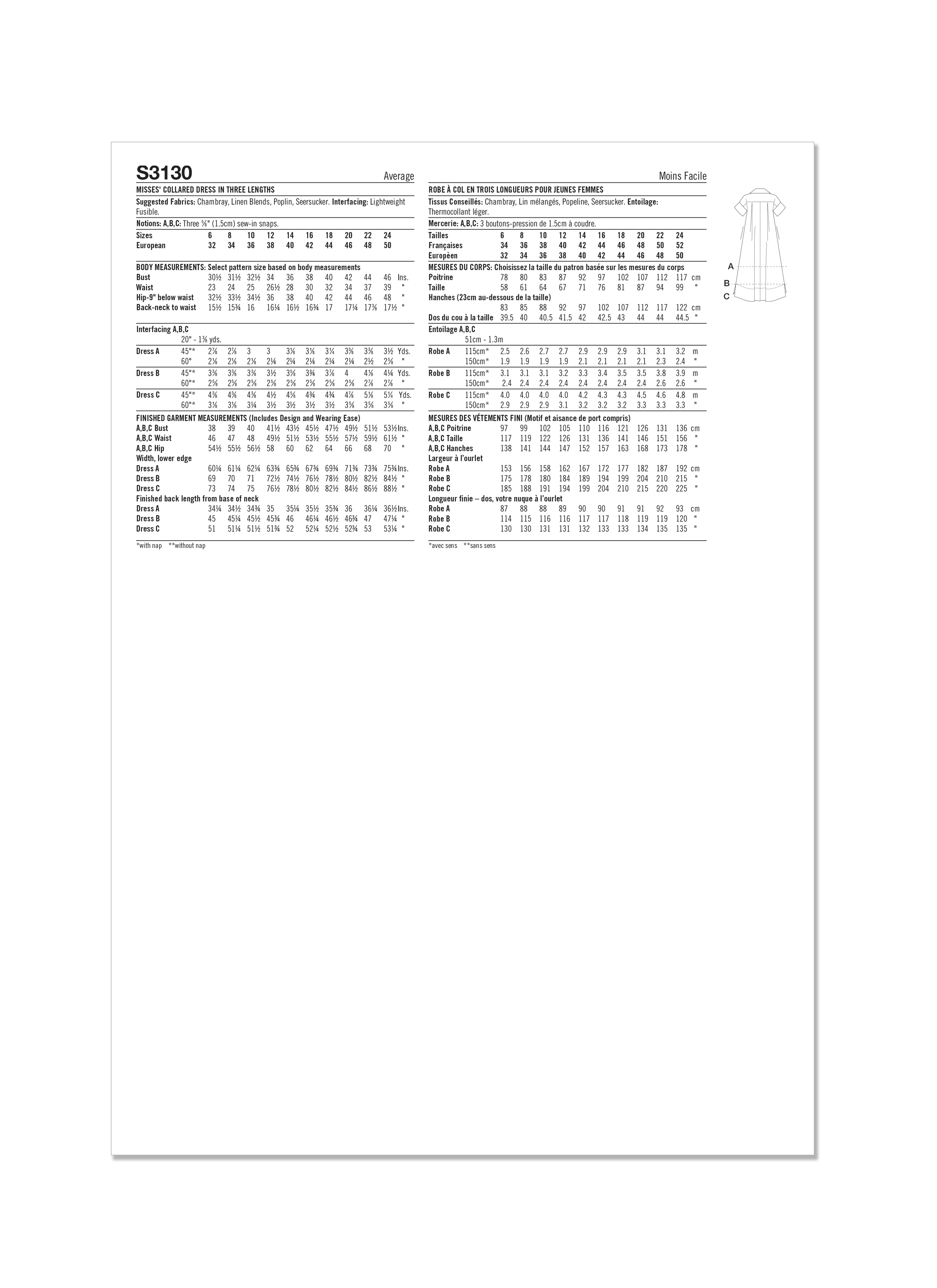 Simplicity S3130 | Simplicity Sewing Pattern Misses' Collared Dress in Three Lengths | Back of Envelope