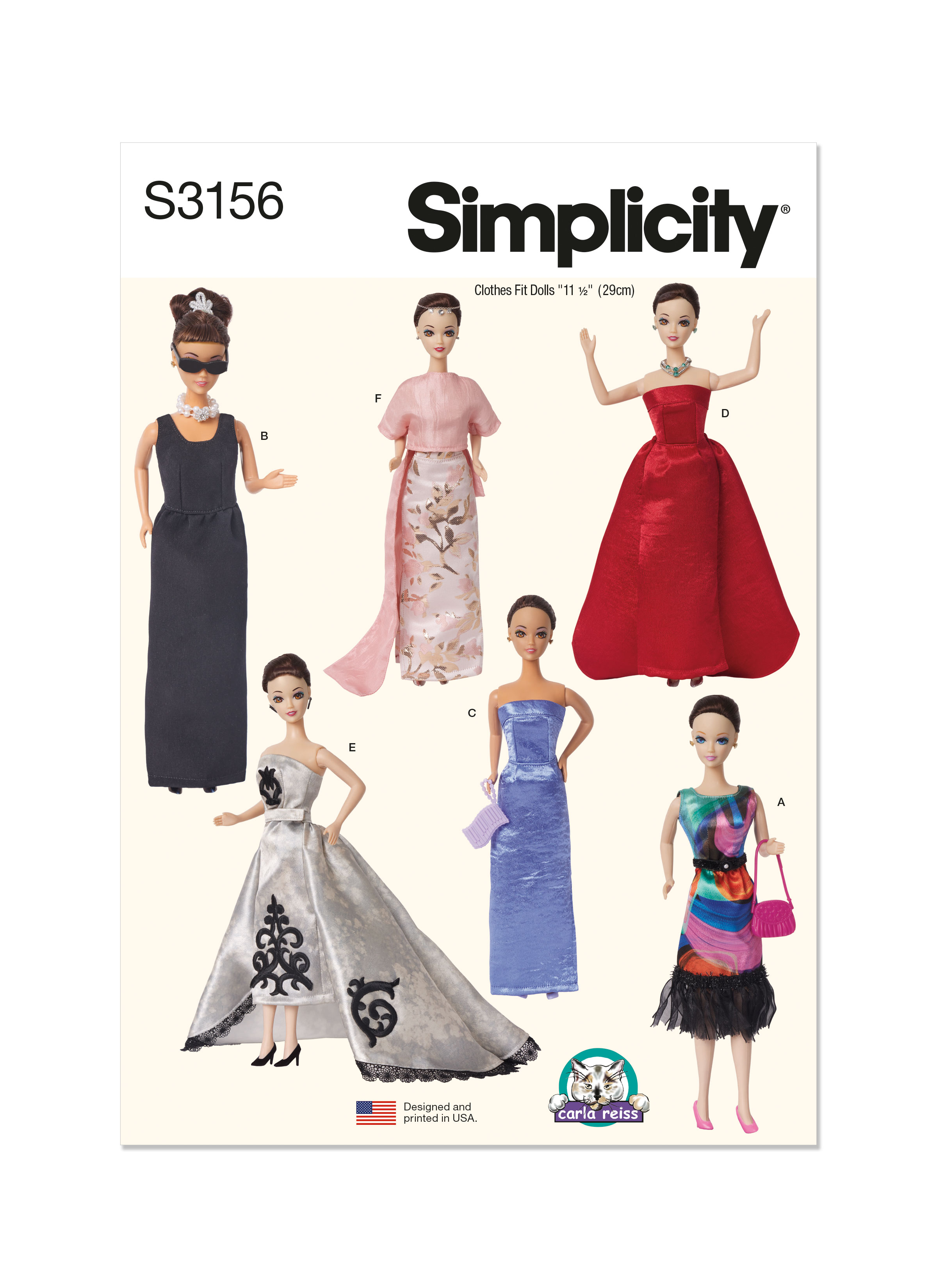 Simplicity S3156 | Simplicity Sewing Pattern 11 1/2" Fashion Doll Clothes by Carla Reiss | Front of Envelope
