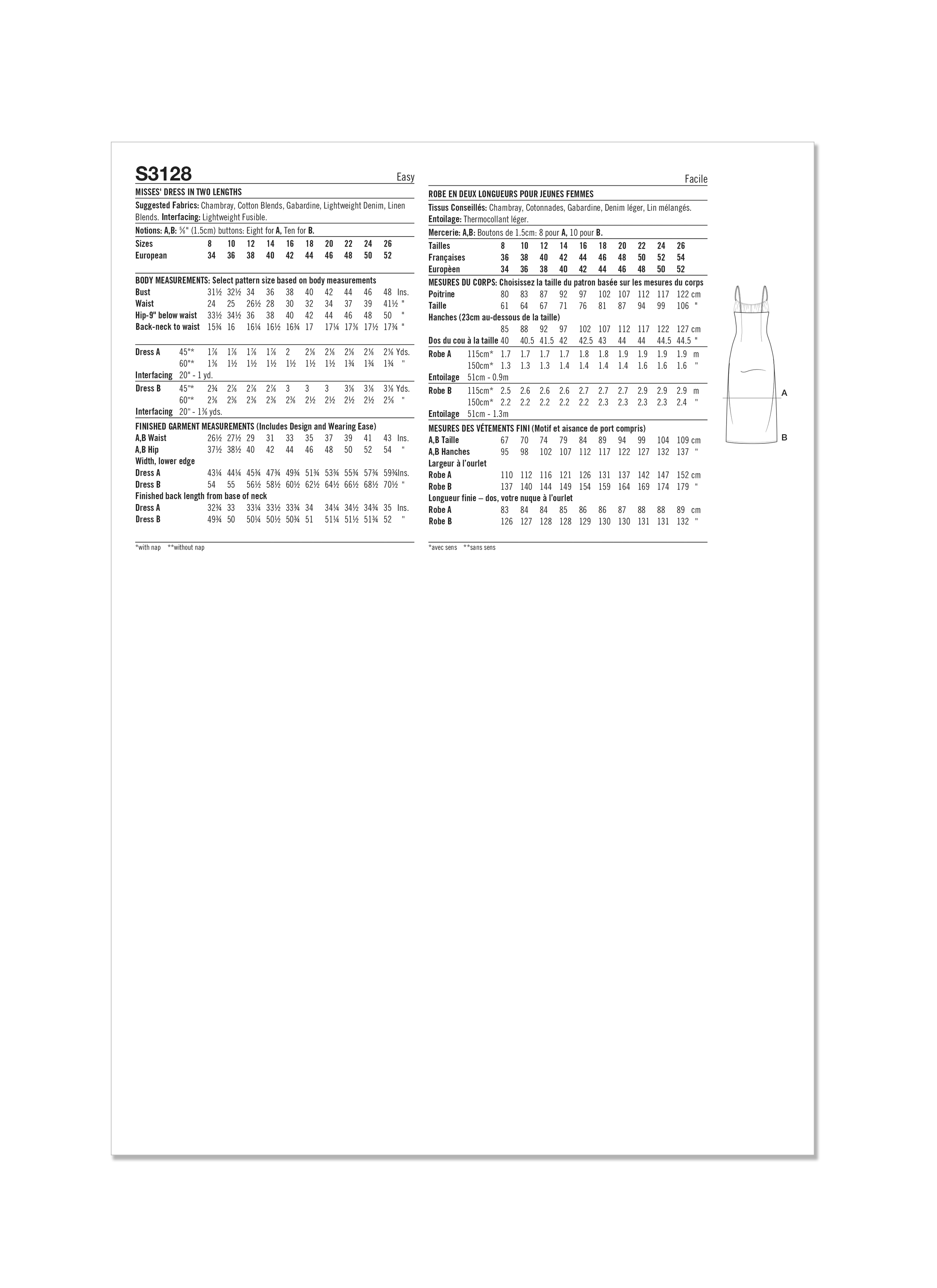 Simplicity S3128 | Simplicity Sewing Pattern Misses' Dress in Two Lengths by Mimi G Style | Back of Envelope