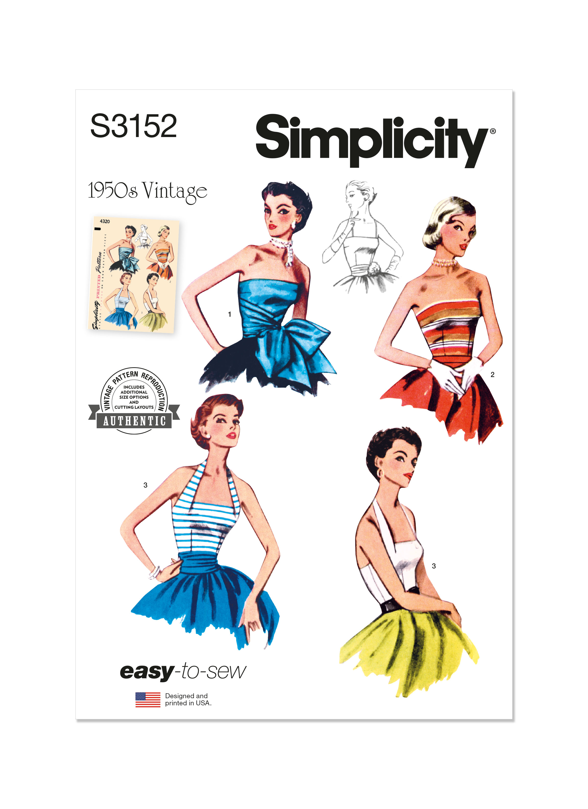 Simplicity S3152 | Simplicity Sewing Pattern 1950's Misses' Halter and Strapless Bodice | Front of Envelope