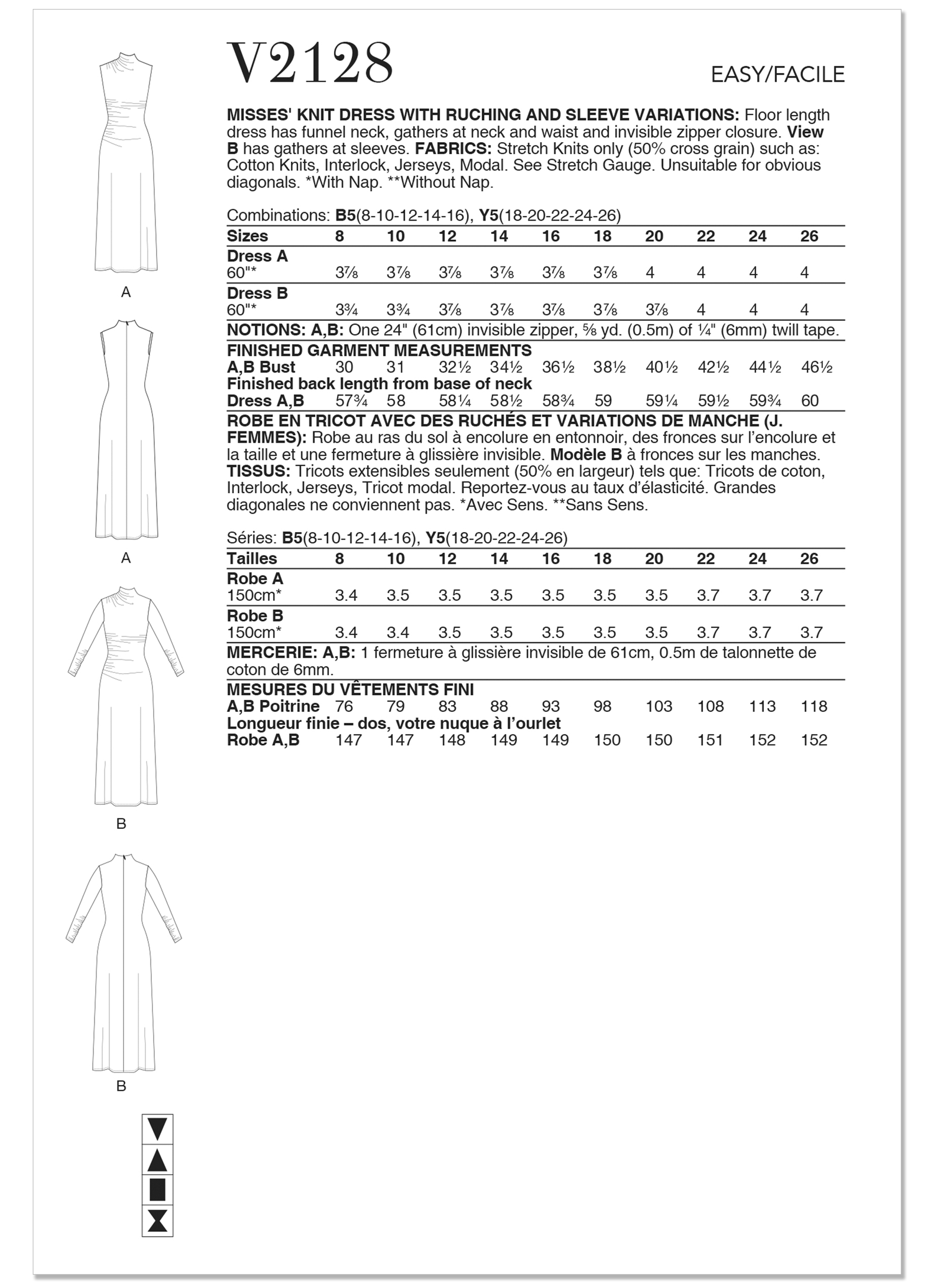 Vogue Patterns V2128 | Misses' Knit Dress with Ruching and Sleeve Variations | Back of Envelope
