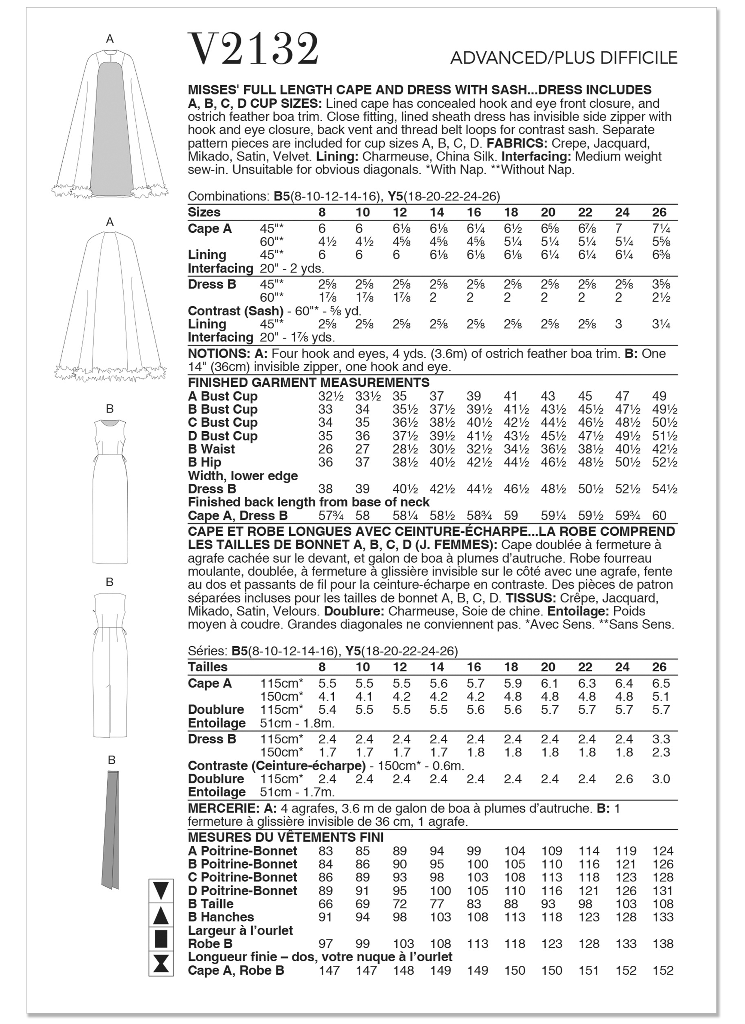 Vogue Patterns V2132 | Misses' Full-Length Cape and Dress with Sash  | Back of Envelope