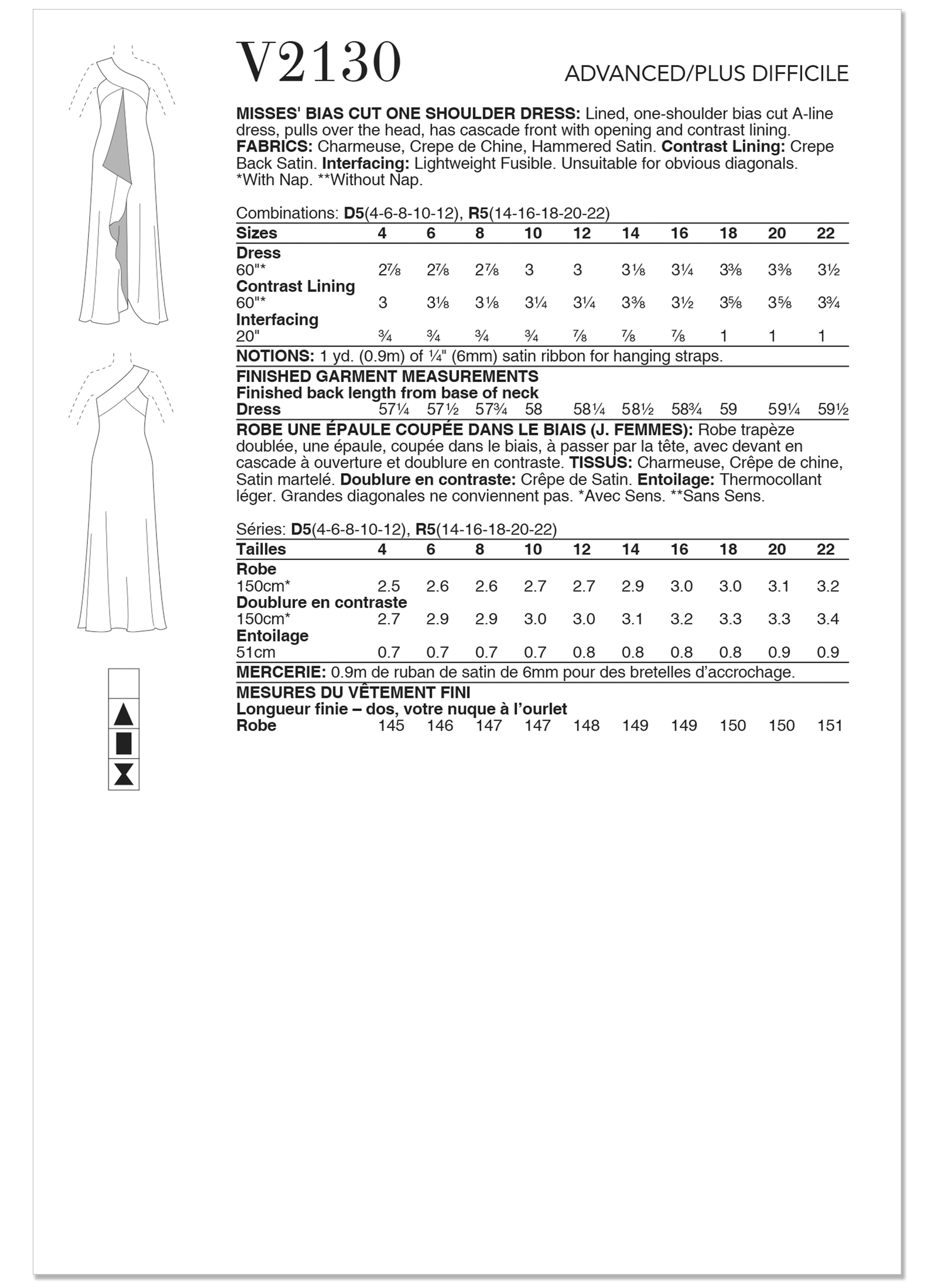 Vogue Patterns V2130 | Misses' Bias Cut One Shoulder Dress by Tom And Linda Platt | Back of Envelope