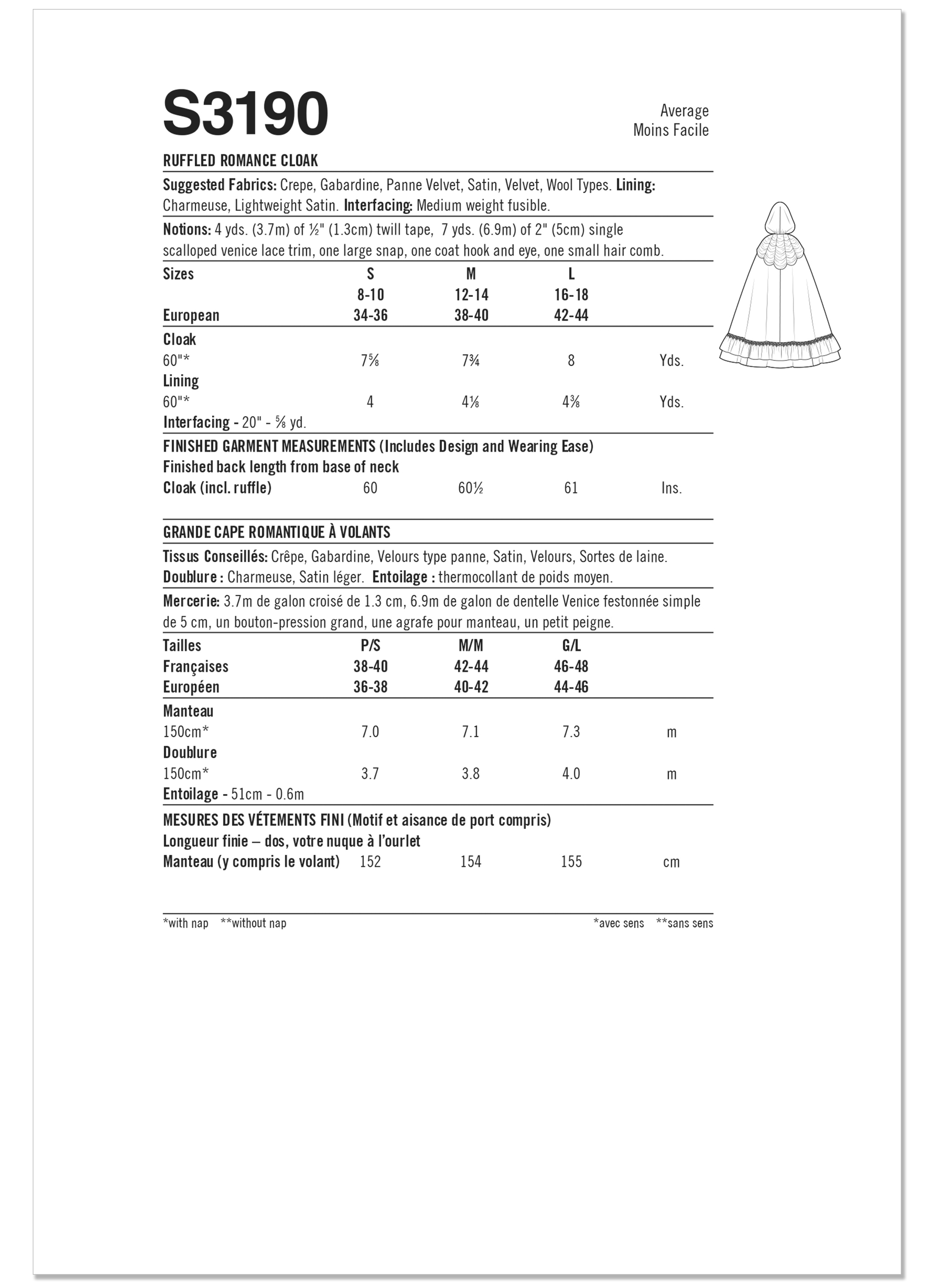 Simplicity S3190 | Simplicity Sewing Pattern Ruffled Romance Cloak by Raine Emery | Back of Envelope