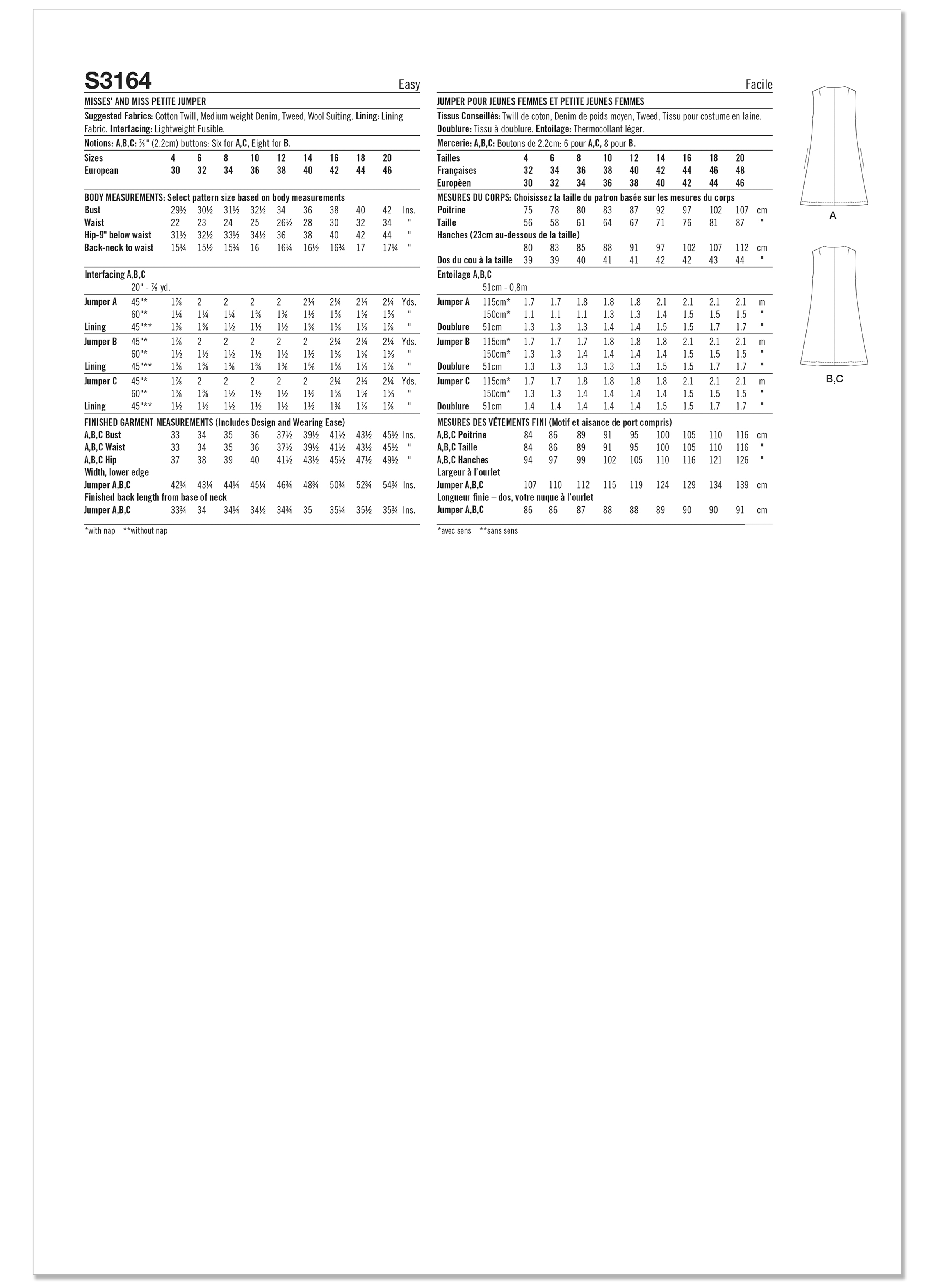 Simplicity S3164 | Simplicity Sewing Pattern Misses' and Miss Petite Jumper | Back of Envelope
