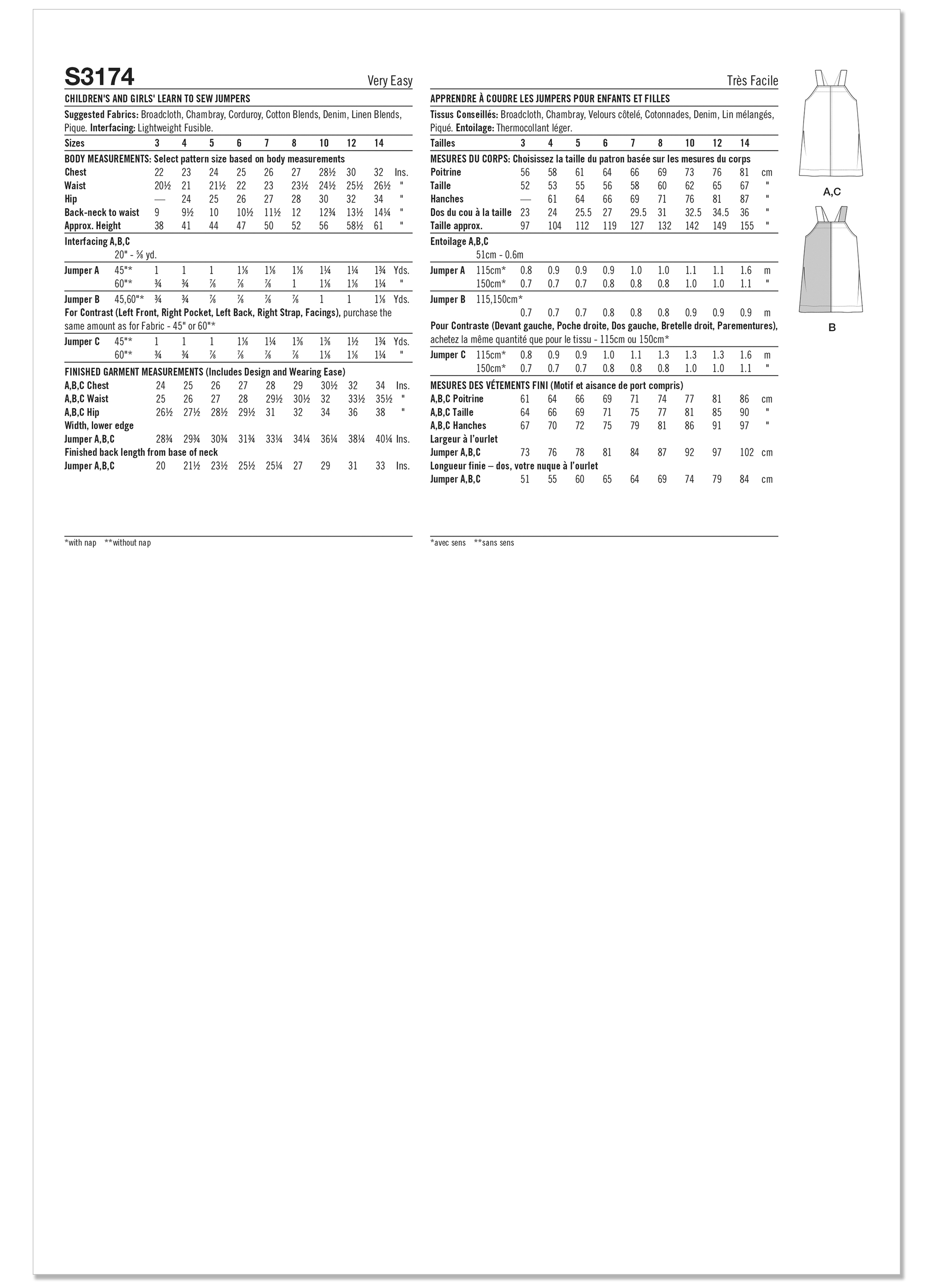Simplicity S3174 | Simplicity Sewing Pattern Children's and Girls Learn to Sew Jumpers | Back of Envelope