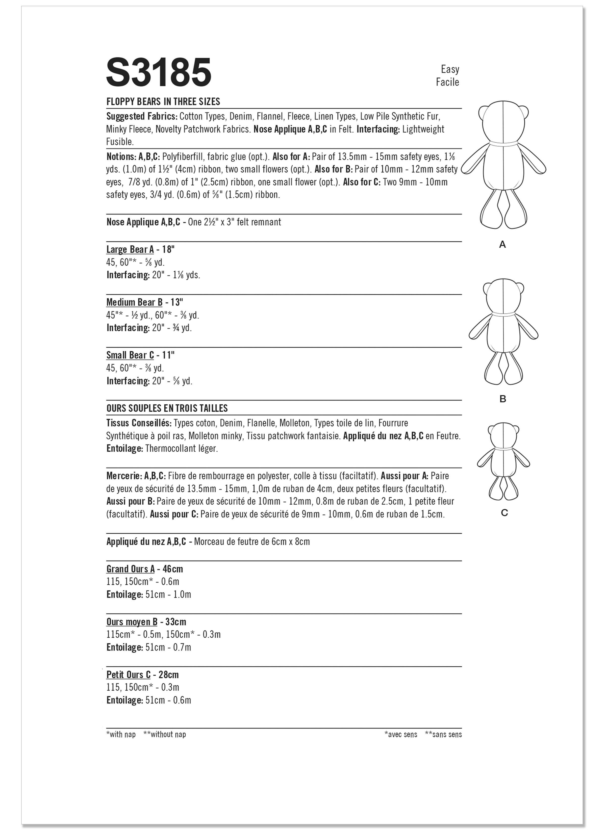 Simplicity S3185 | Simplicity Sewing Pattern Floppy Bears in Three Sizes by Elaine Heigl Designs | Back of Envelope