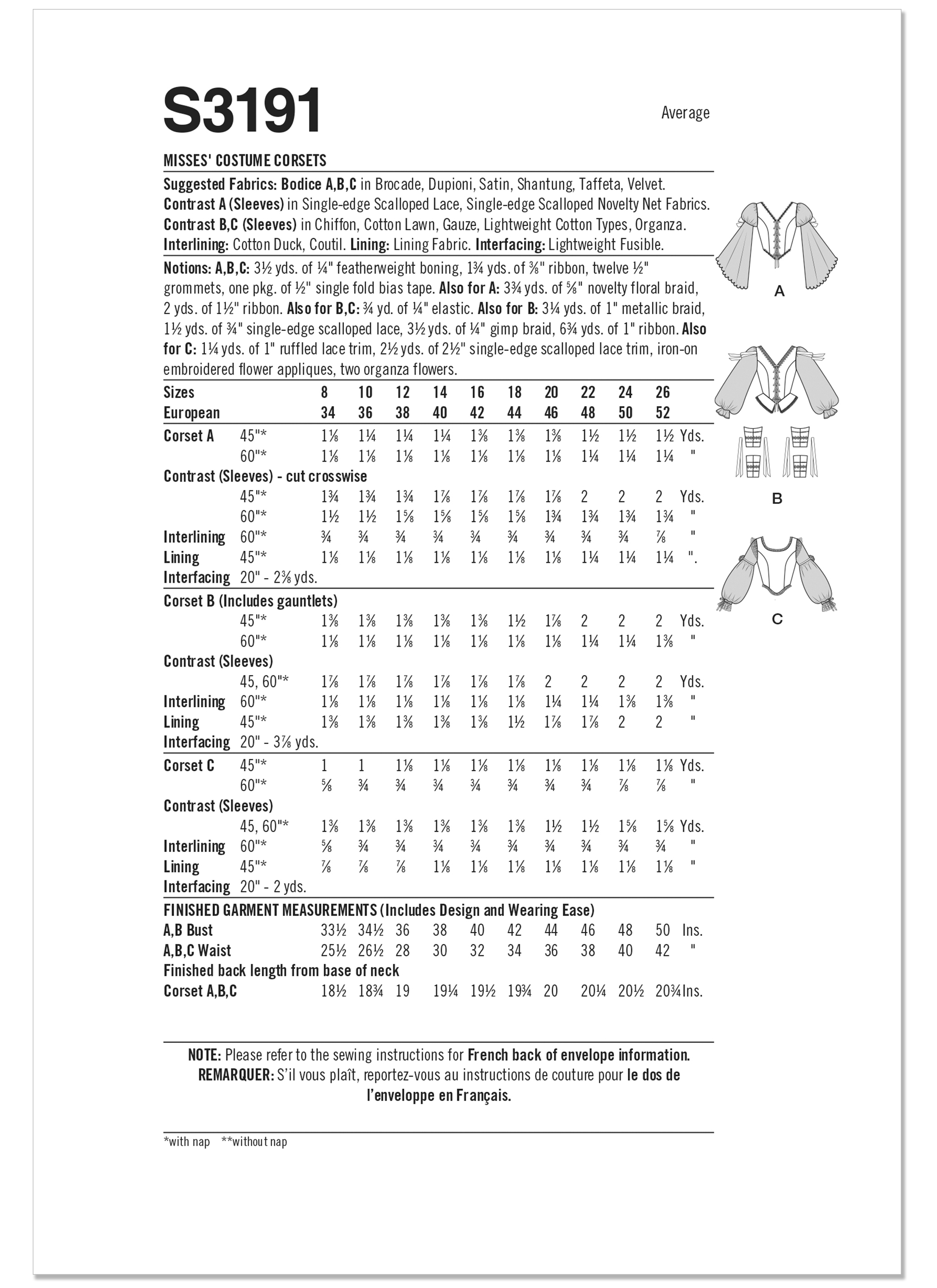 Simplicity S3191 | Simplicity Sewing Pattern Misses' Costume Corsets by Andrea Schewe | Back of Envelope