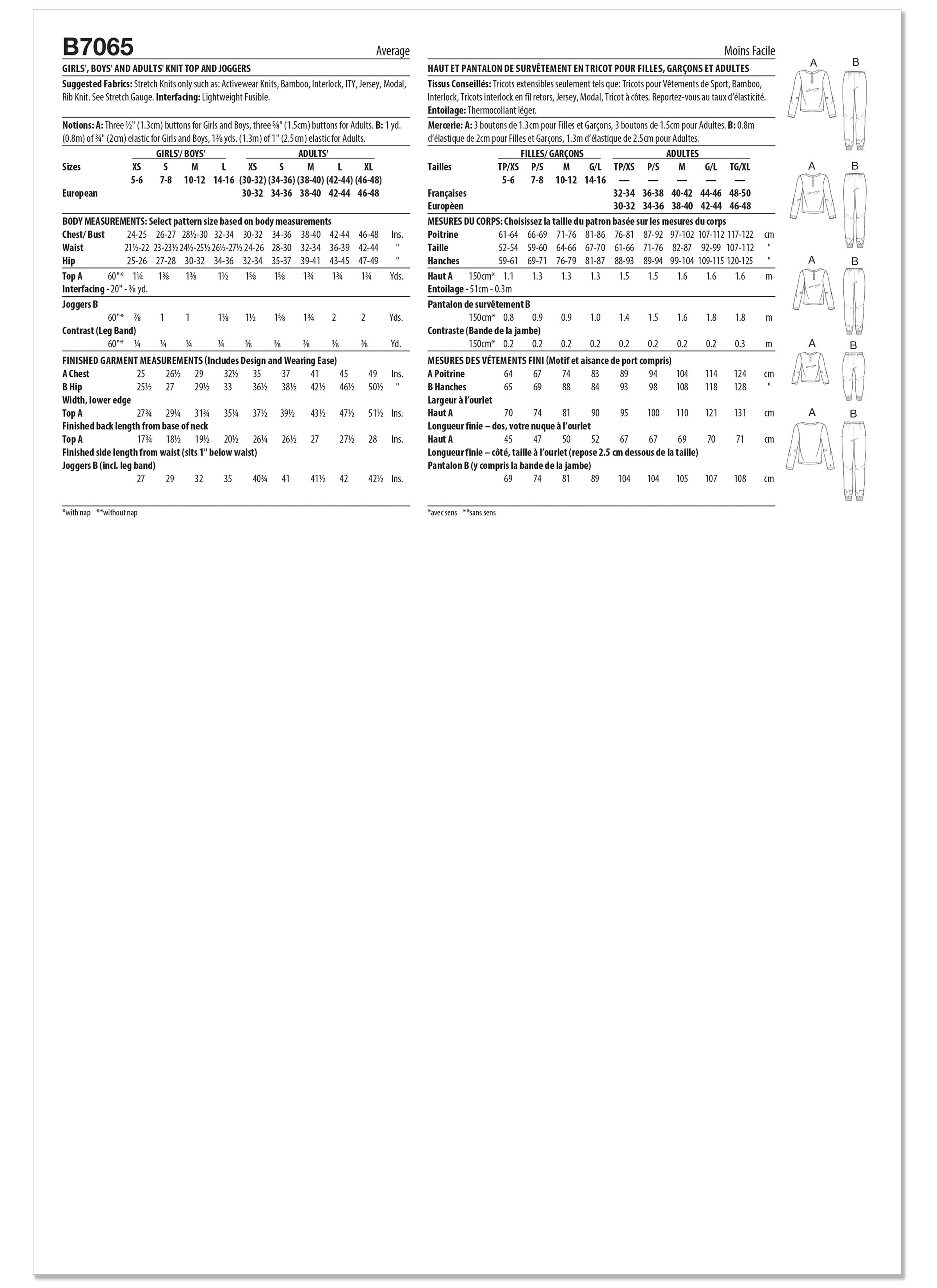 Butterick B7065 (PDF) | Butterick Sewing Pattern Girl's and Boy's and Adult Knit Tops and Joggers | Back of Envelope