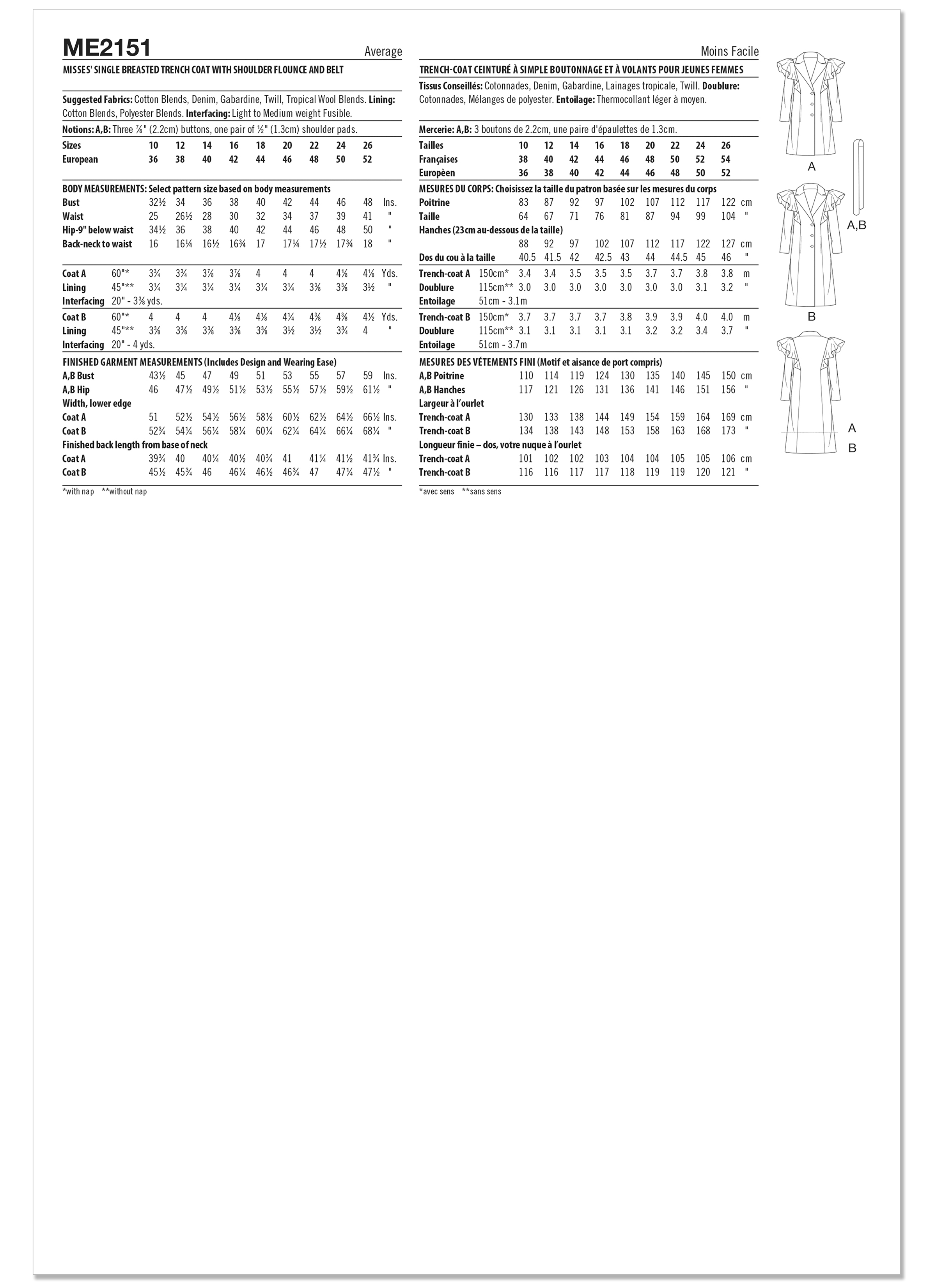 Know Me ME2151 | Know Me Sewing Pattern Misses' Single Breasted Trench Coat with Shoulder Flounce and Belt by Keechii B Style | Back of Envelope