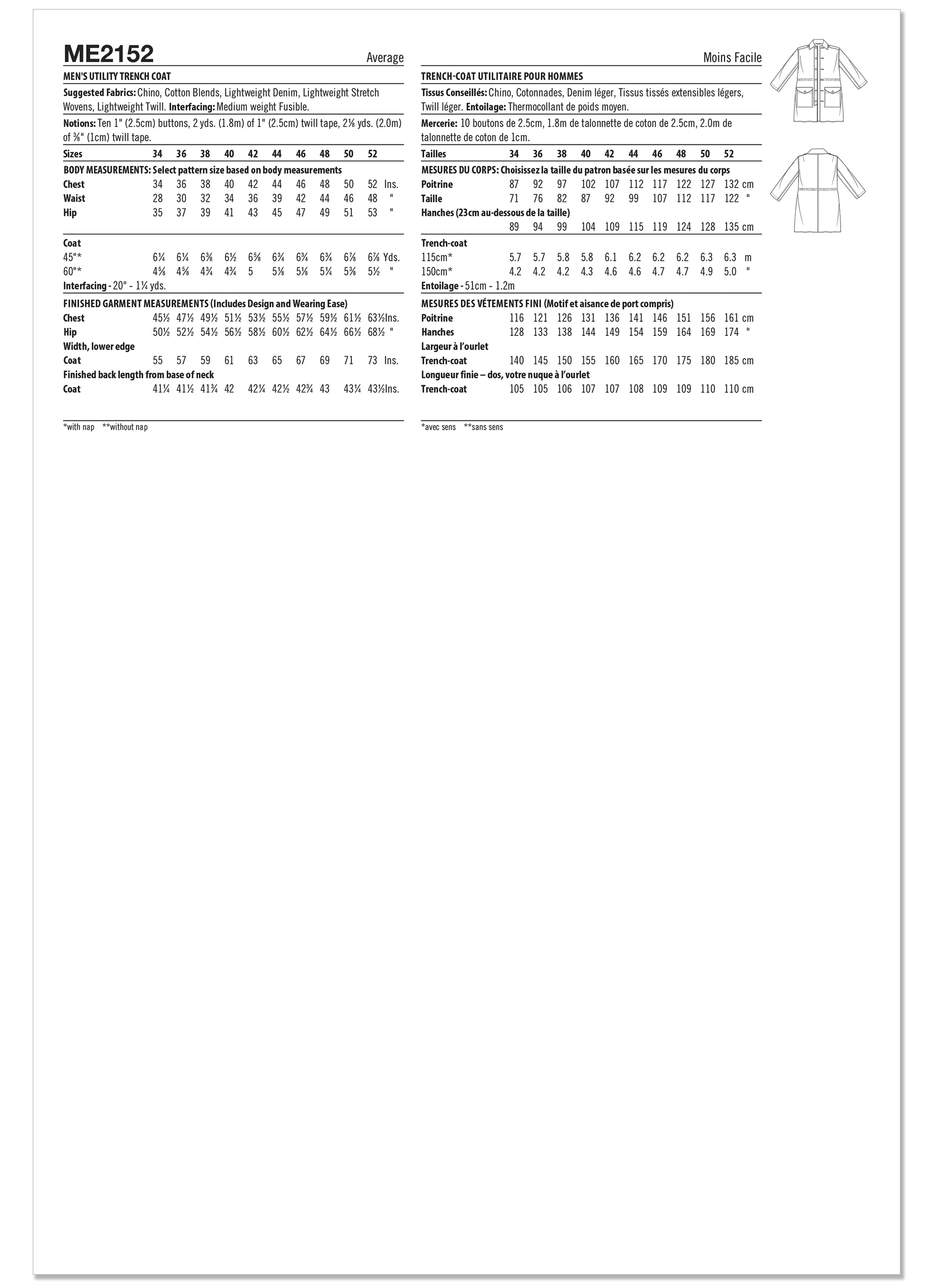 Know Me ME2152 | Know Me Sewing Pattern Men's Utility Trench Coat by Norris Dánta Ford | Back of Envelope