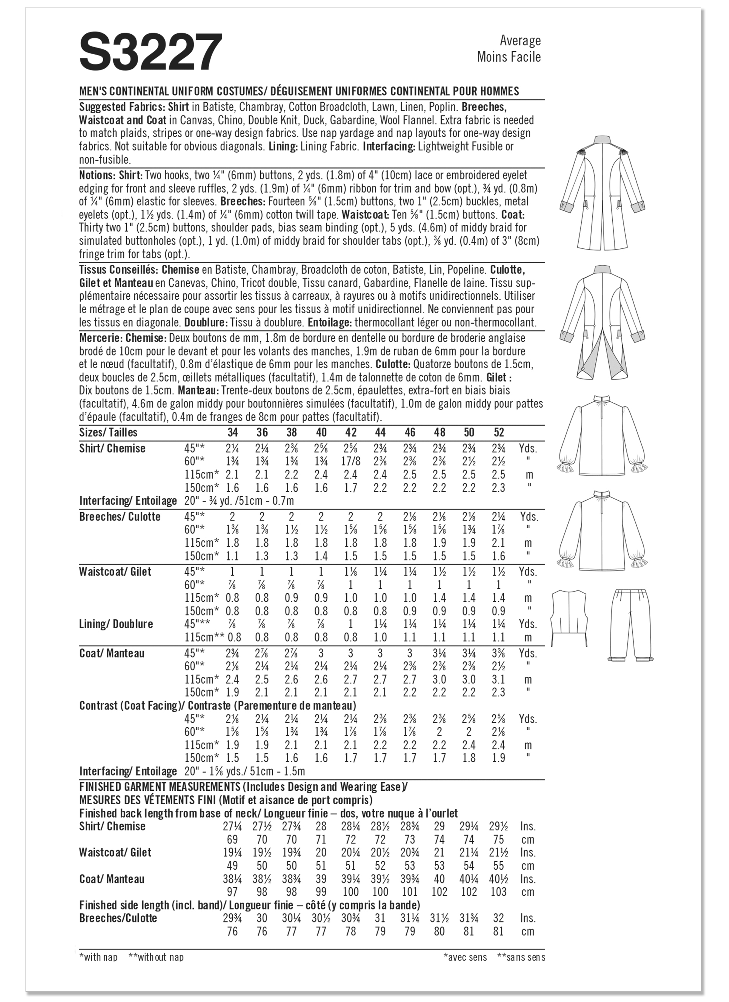 Simplicity S3227 | Simplicity Sewing Pattern Men's Continental Uniform Costumes | Back of Envelope