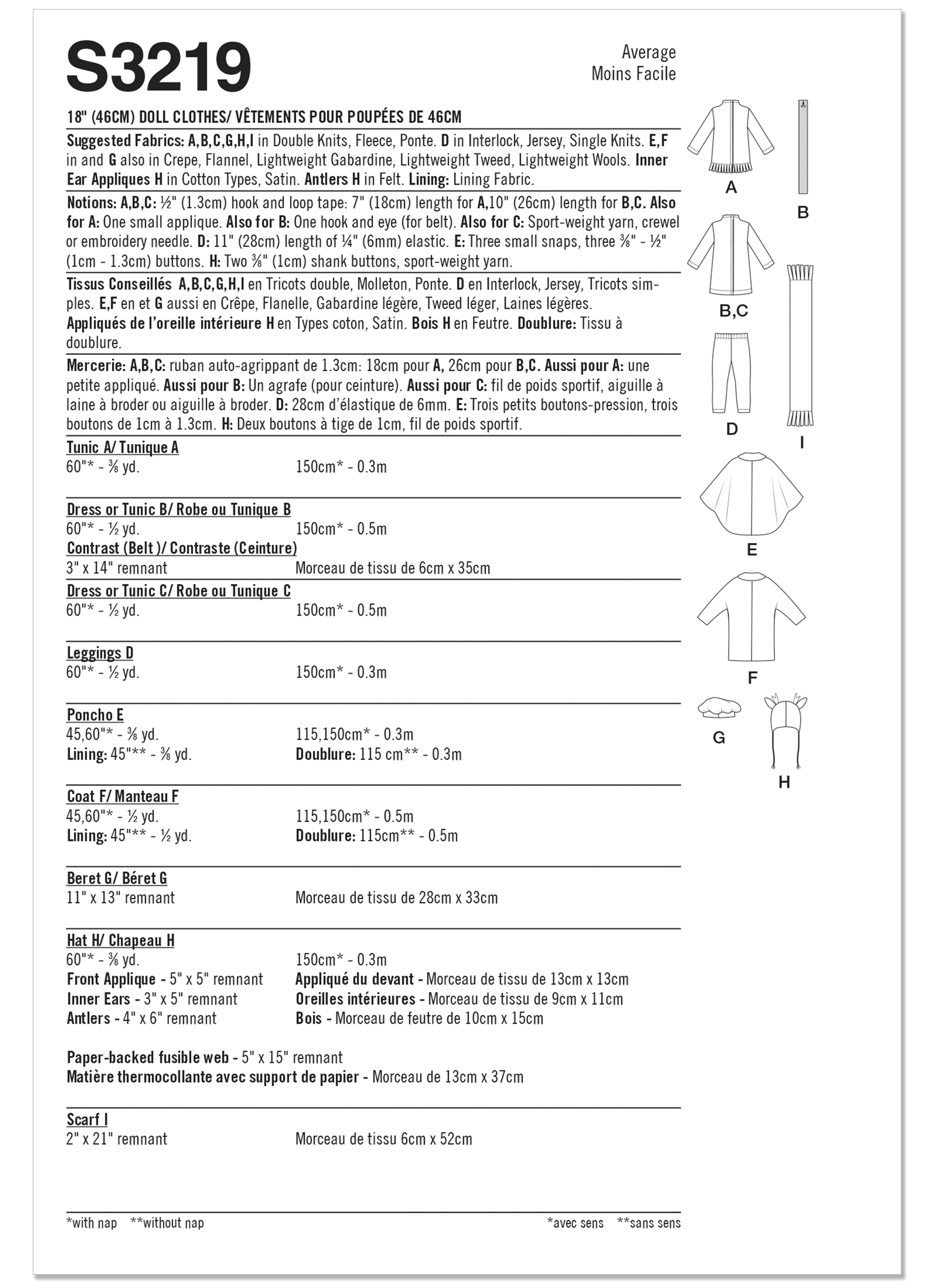 Simplicity S3219 | Simplicity Sewing Pattern 18" Doll Clothes | Back of Envelope