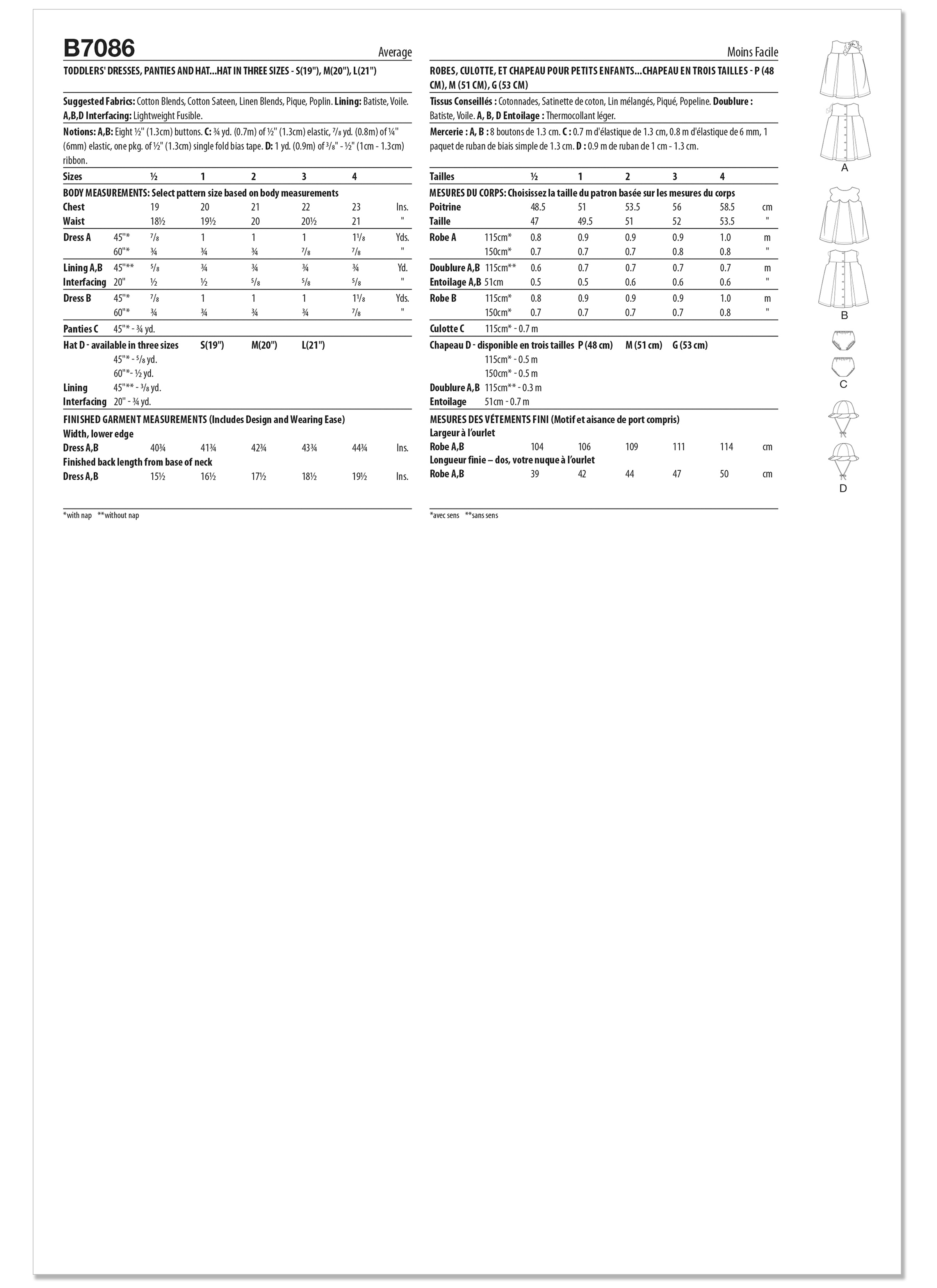 Butterick B7086 | Butterick Sewing Pattern Toddlers' Dresses, Panties and Hat | Back of Envelope