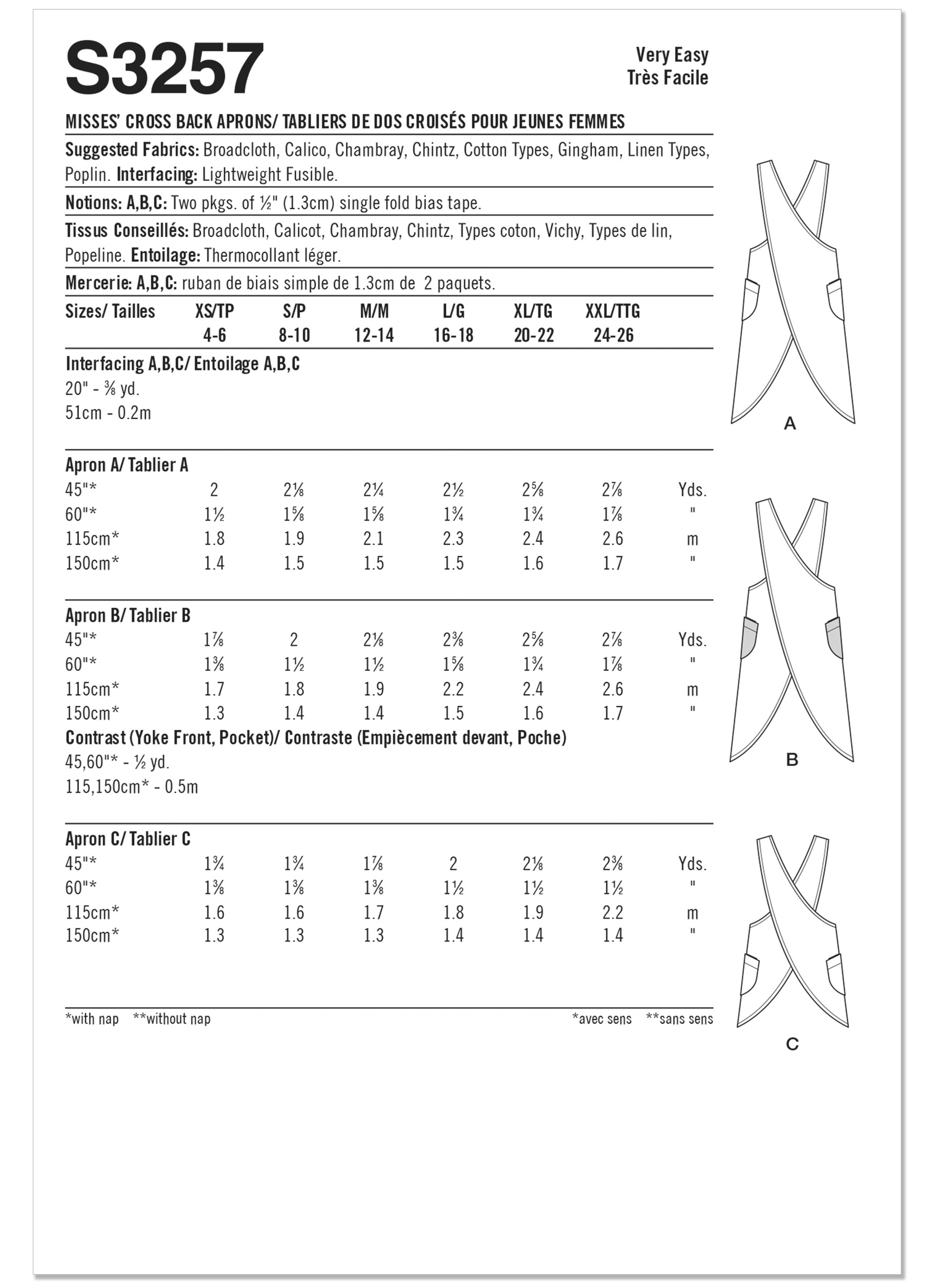 Simplicity S3257 | Simplicity Sewing Pattern Misses' Cross Back Aprons | Back of Envelope
