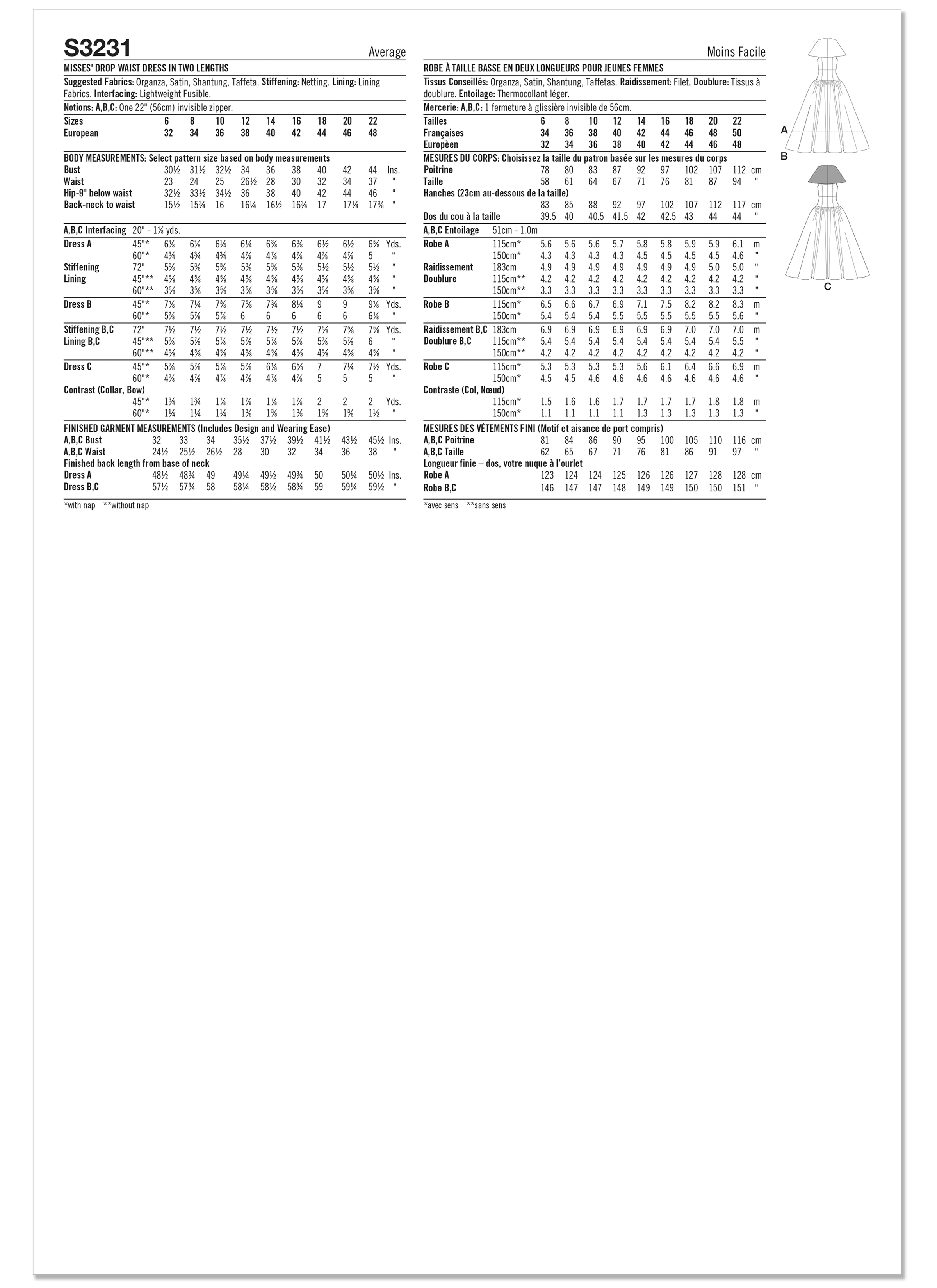 Simplicity S3231 | Simplicity Sewing Pattern Misses' Drop Waist Dress in Two Lengths | Back of Envelope