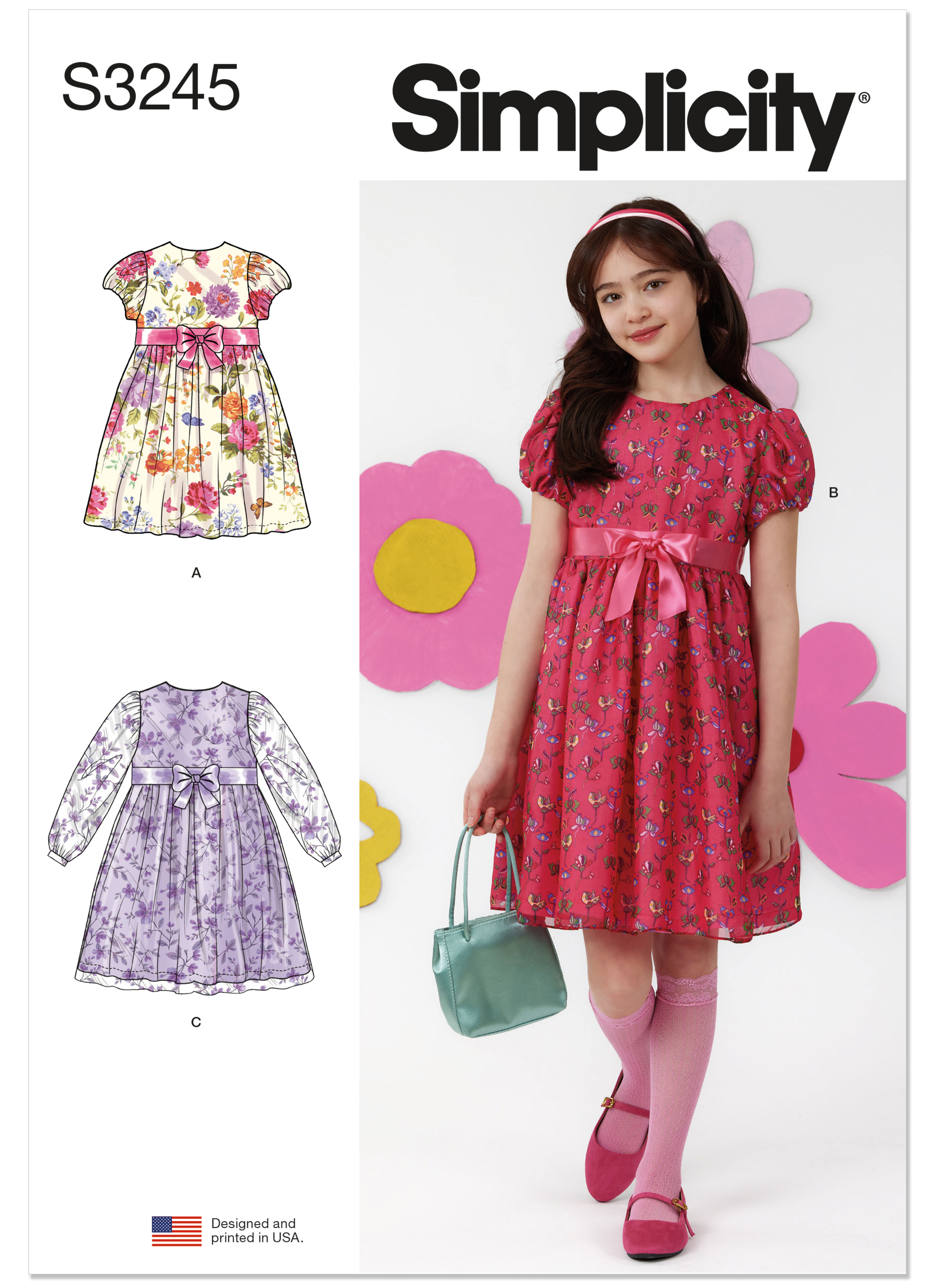 Simplicity S3245 | Simplicity Sewing Pattern Girls' Dress with Sleeve Variations | Front of Envelope