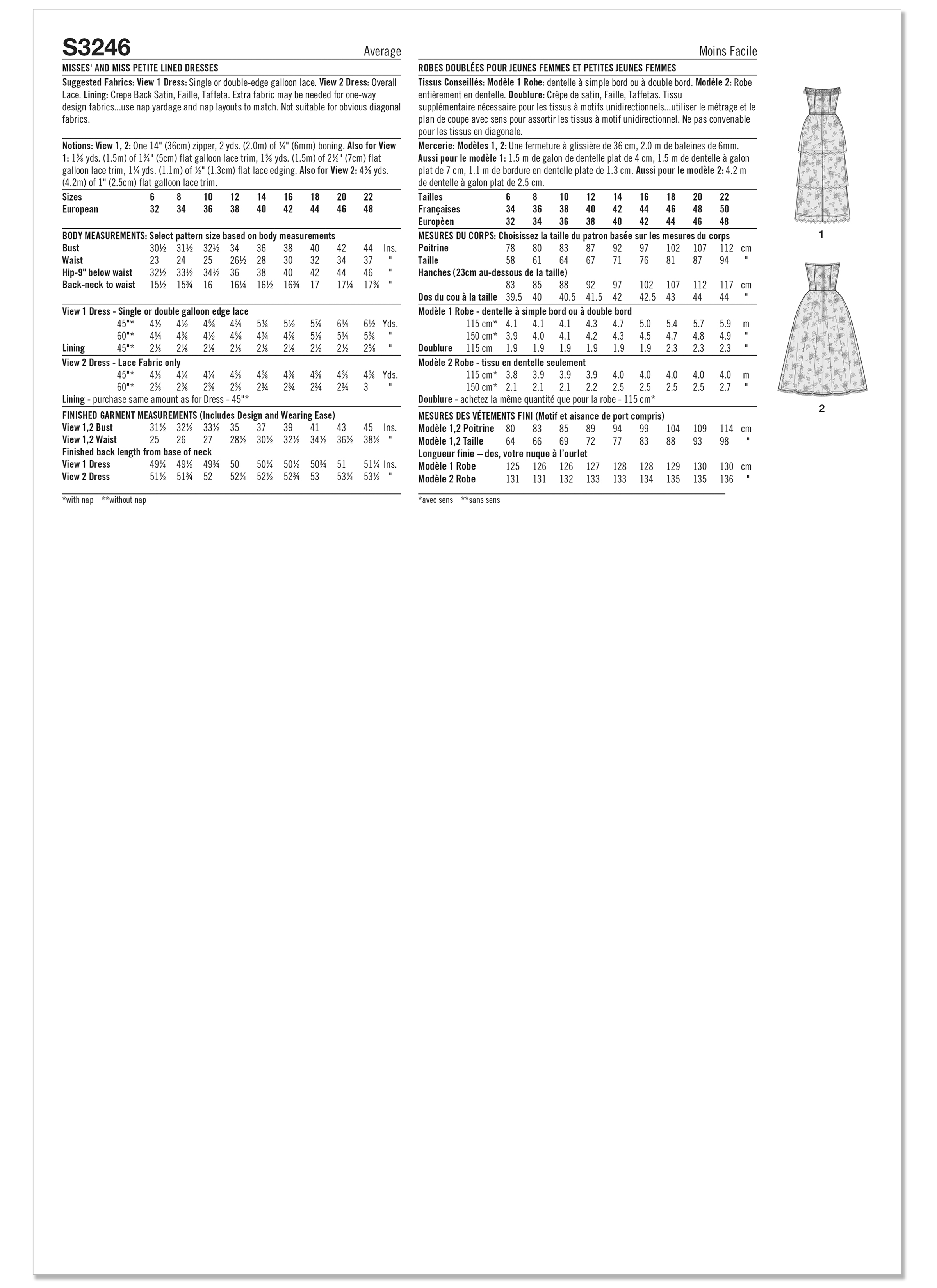 Simplicity S3246 | Simplicity Sewing Pattern Misses' and Miss Petite Lined Dresses by Jessica McClintock | Back of Envelope