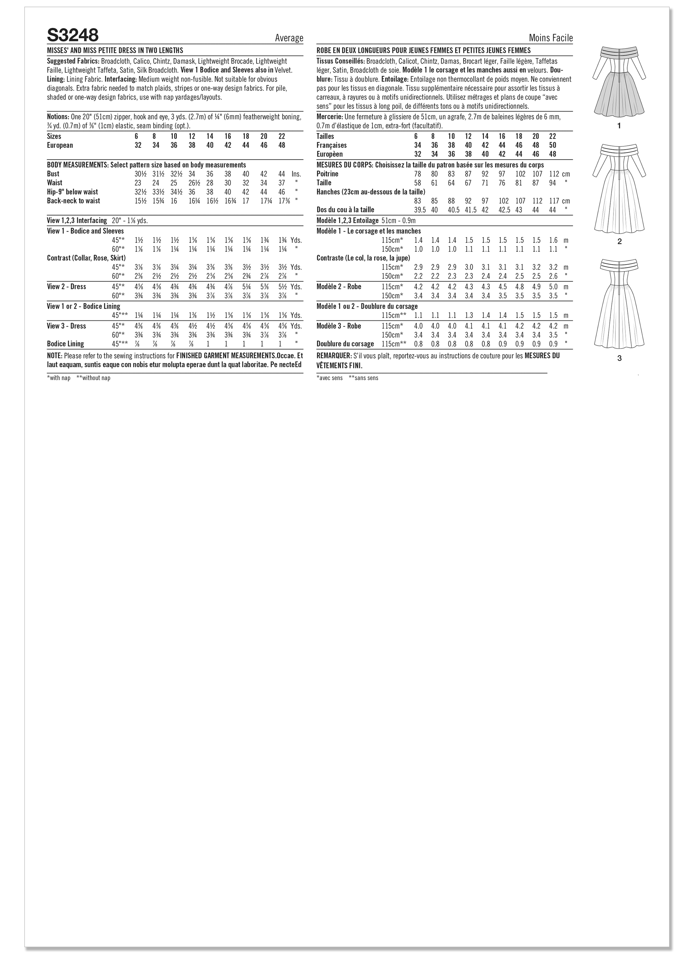 Simplicity S3248 | Simplicity Sewing Pattern Misses' and Miss Petite Dress in Two Lengths by Jessica McClintock | Back of Envelope