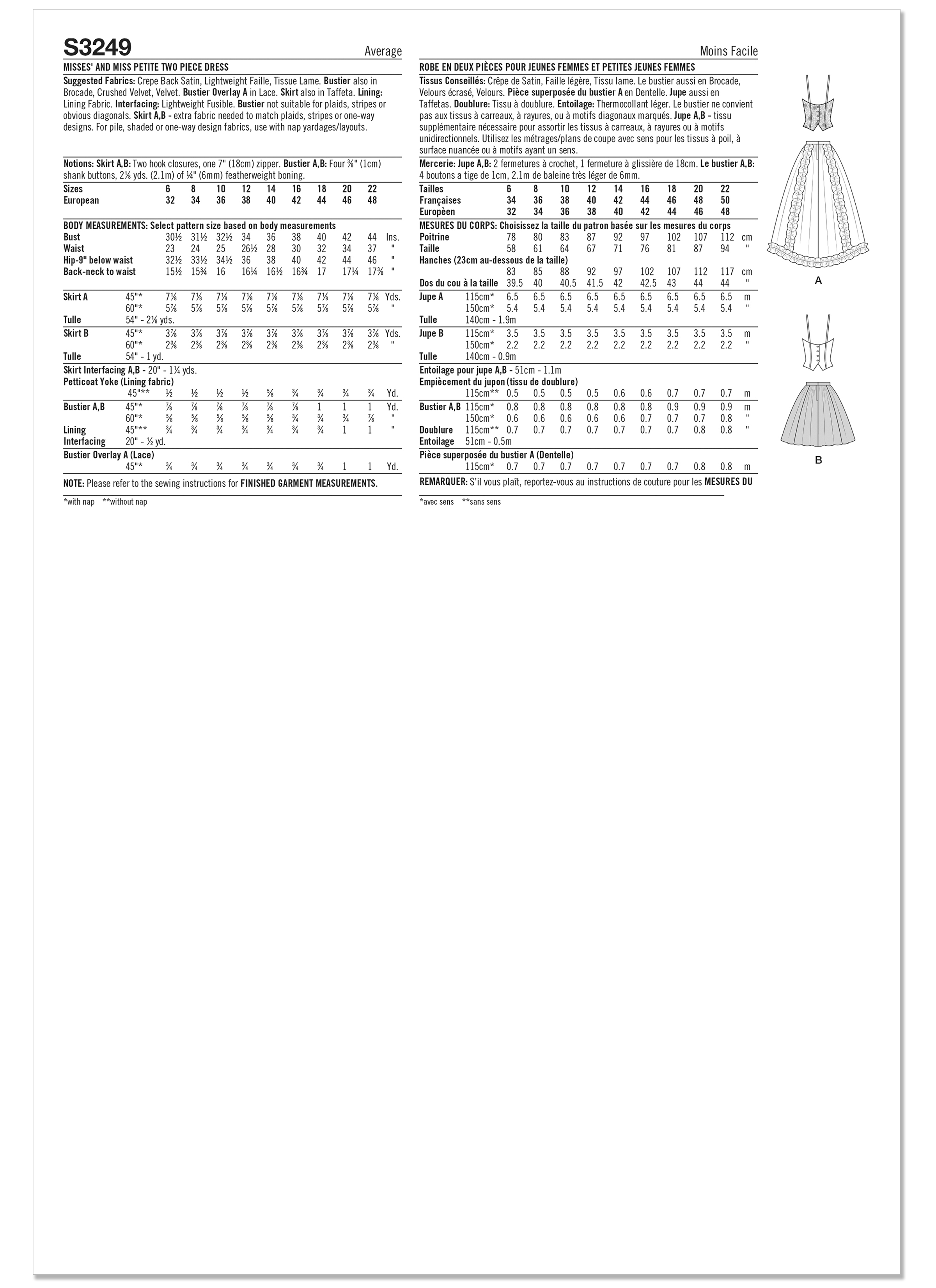 Simplicity S3249 | Simplicity Sewing Pattern Misses' and Miss Petite Two Piece Dress by Jessica McClintock | Back of Envelope