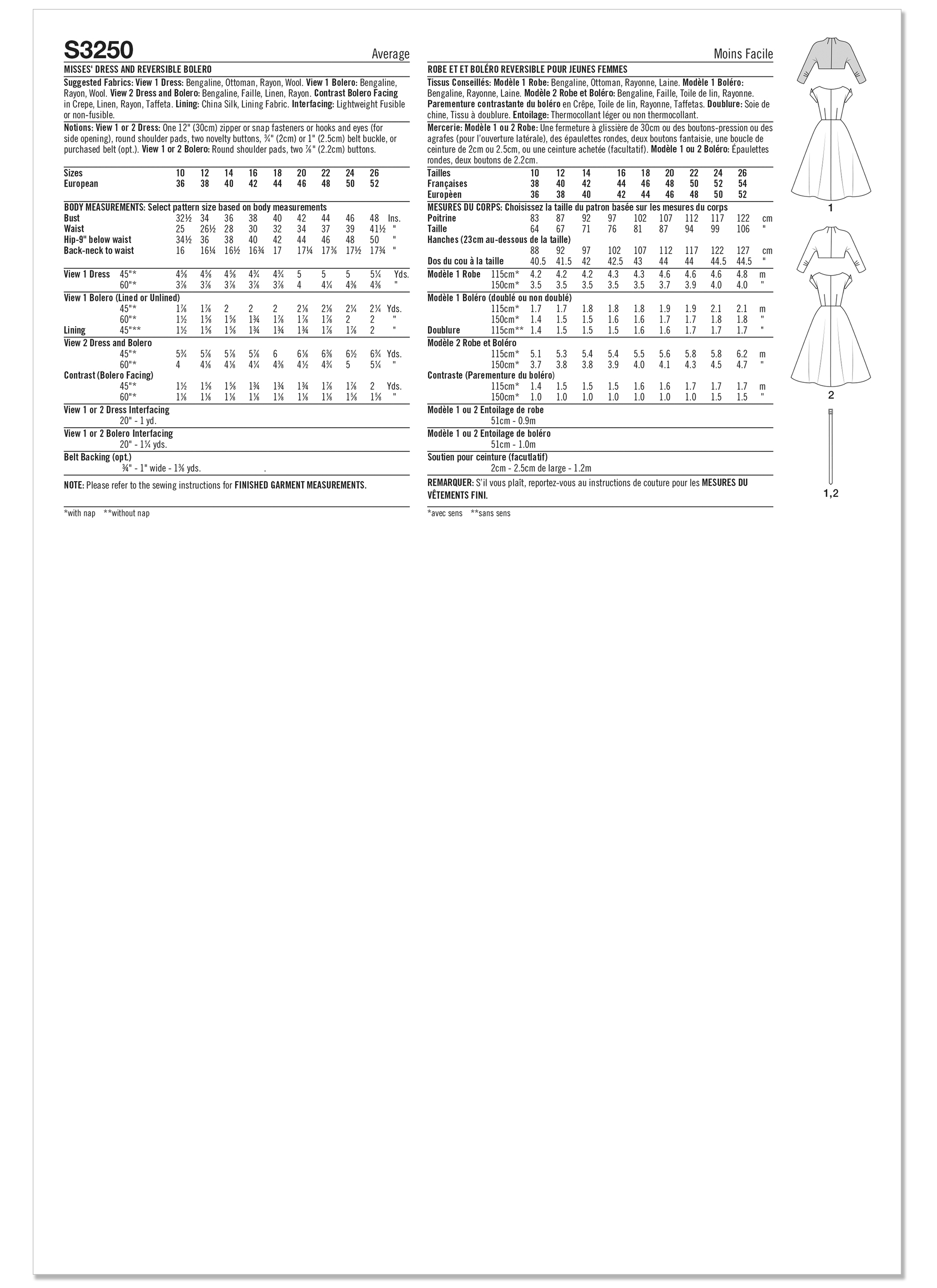 Simplicity S3250 | Simplicity Sewing Pattern Misses' Dress and Reversible Bolero | Back of Envelope