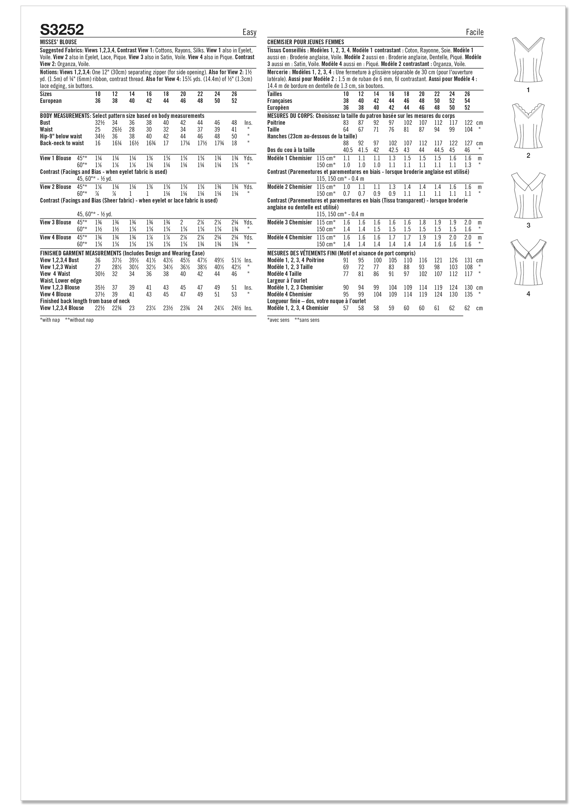 Simplicity S3252 | Simplicity Sewing Pattern Misses' Blouse | Back of Envelope