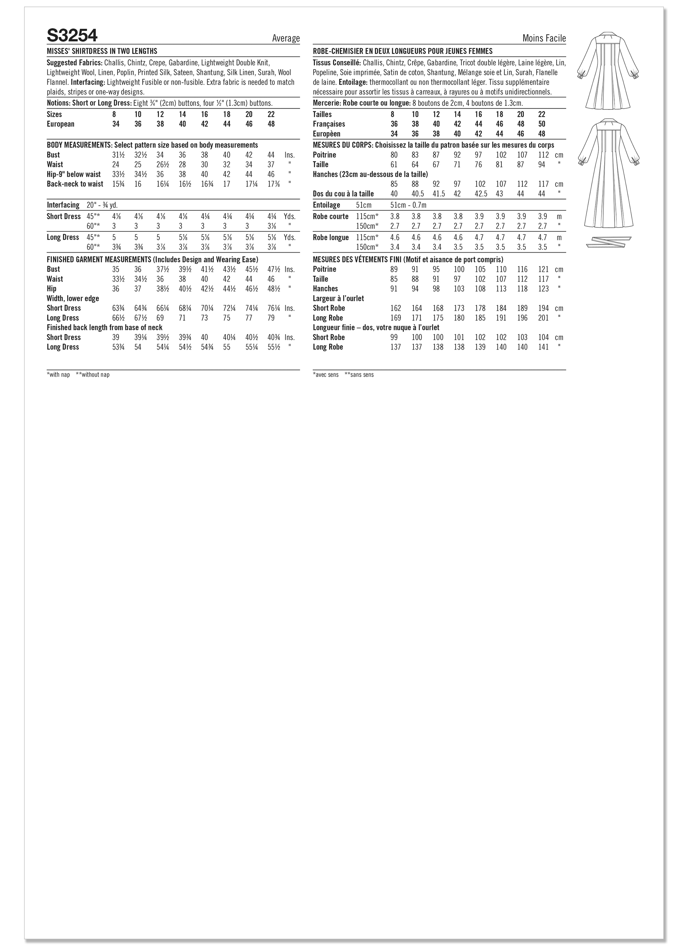 Simplicity S3254 | Simplicity Sewing Pattern Misses' Shirtdress in Two Lengths | Back of Envelope