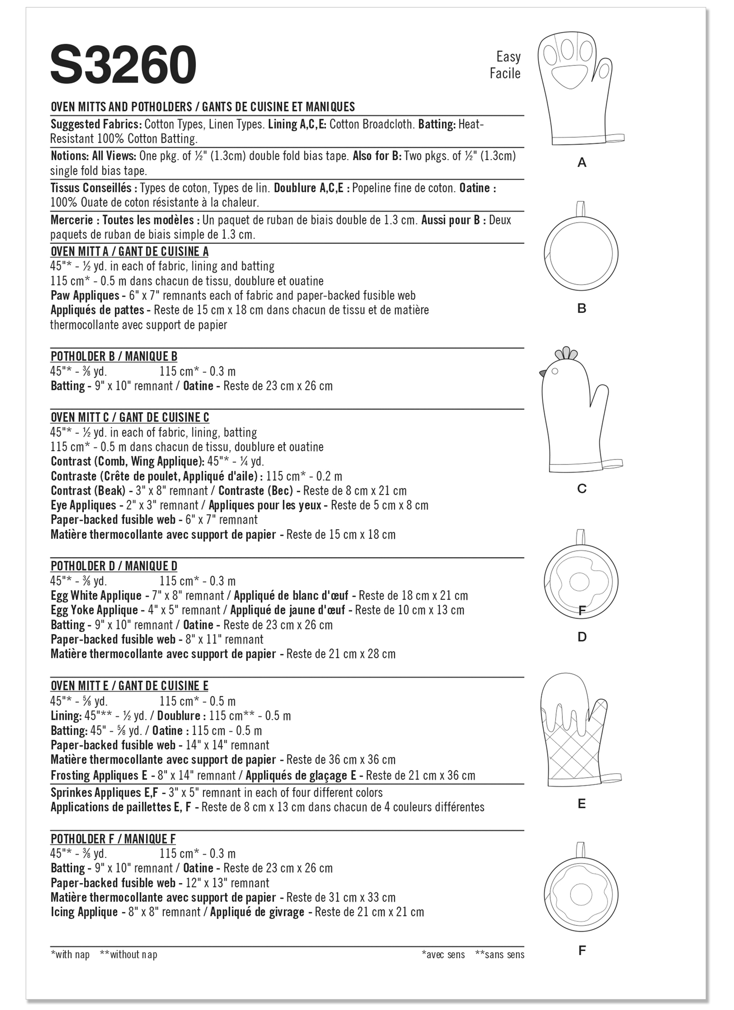 Simplicity S3260 | Simplicity Sewing Pattern Oven Mitts and Pot Holders | Back of Envelope
