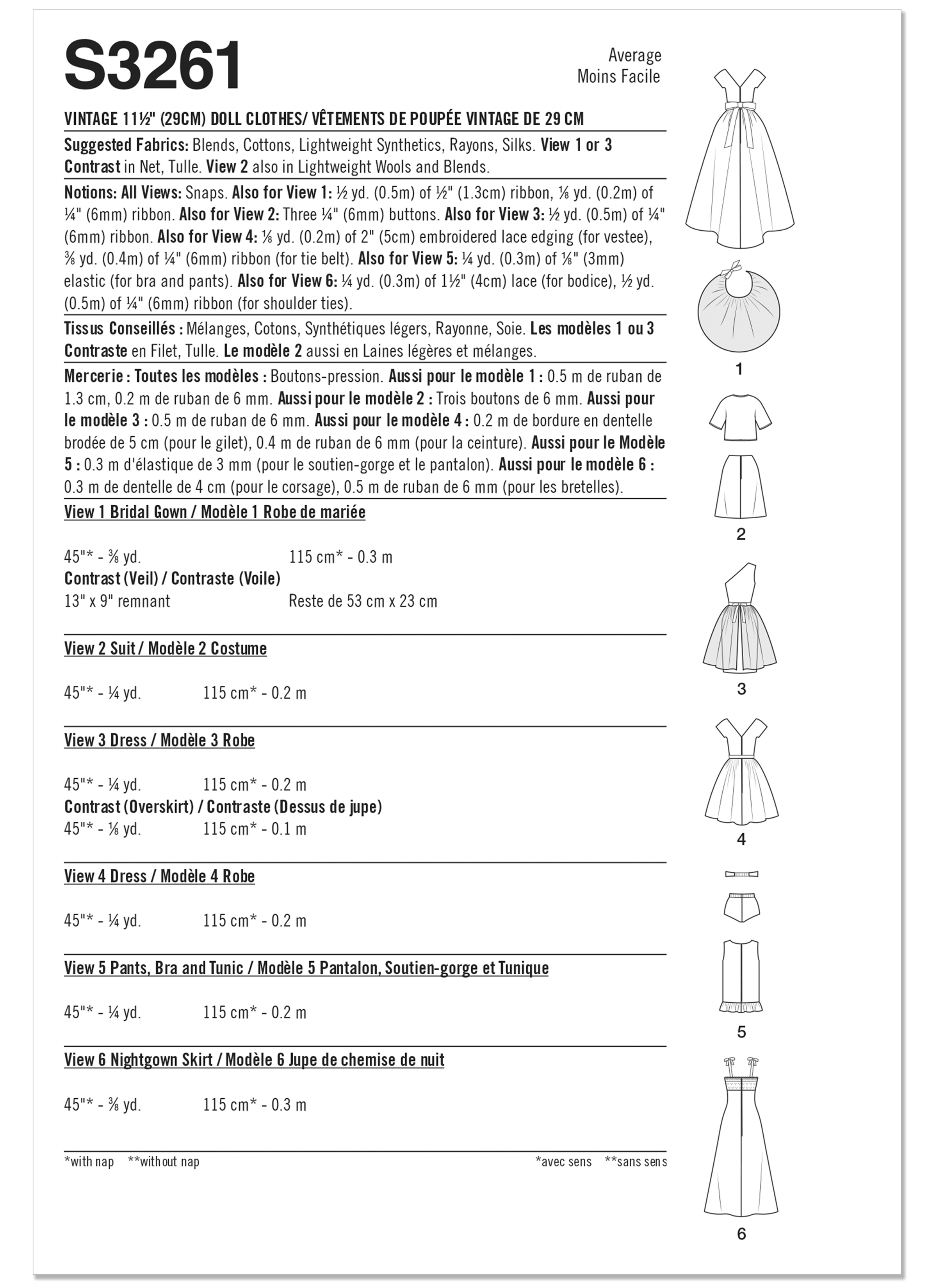 Simplicity S3261 | Simplicity Sewing Pattern Vintage 11 1/2" Doll Clothes | Back of Envelope