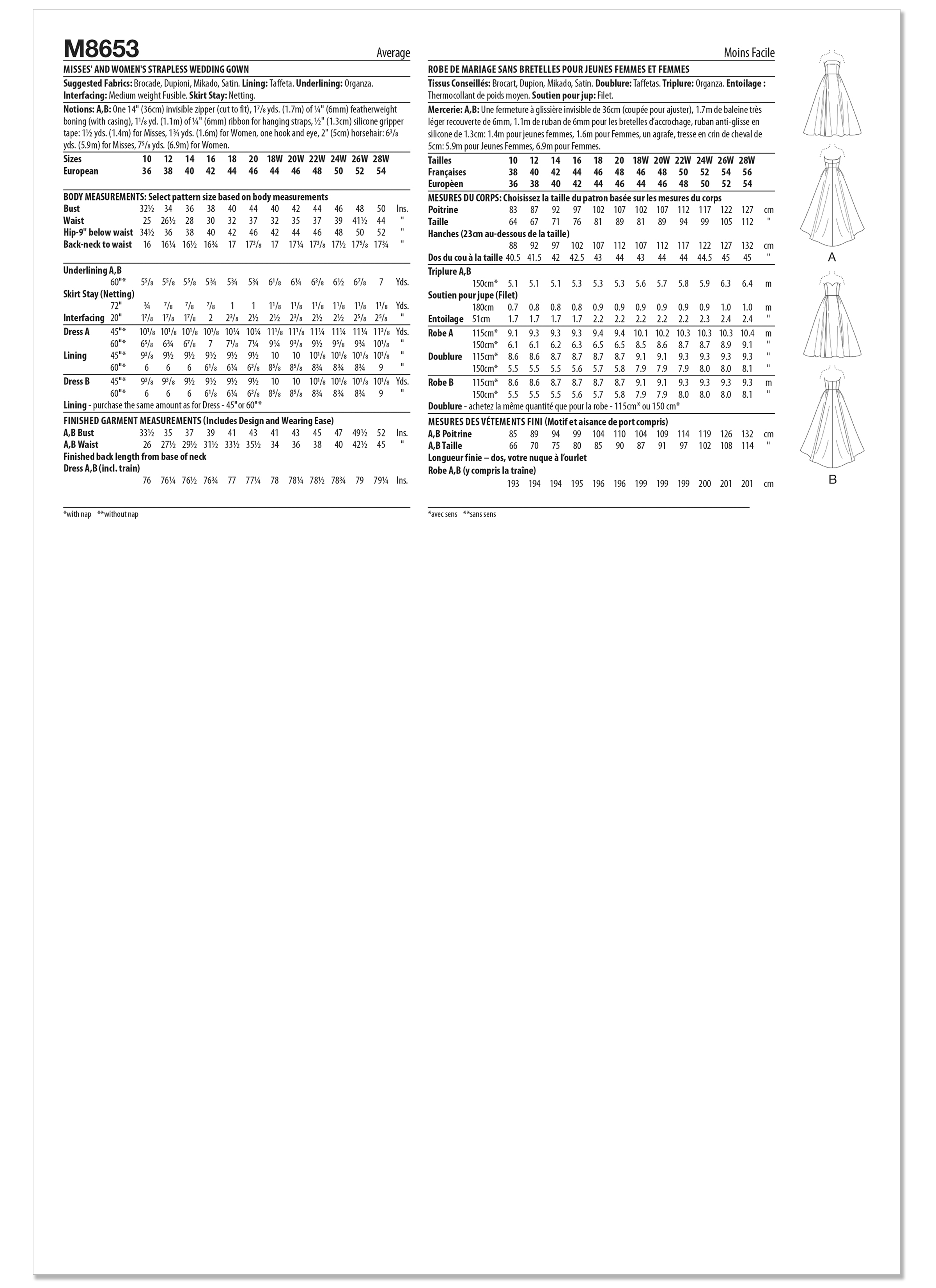 McCall's M8653 | Misses' and Women's Strapless Wedding Gown | Back of Envelope