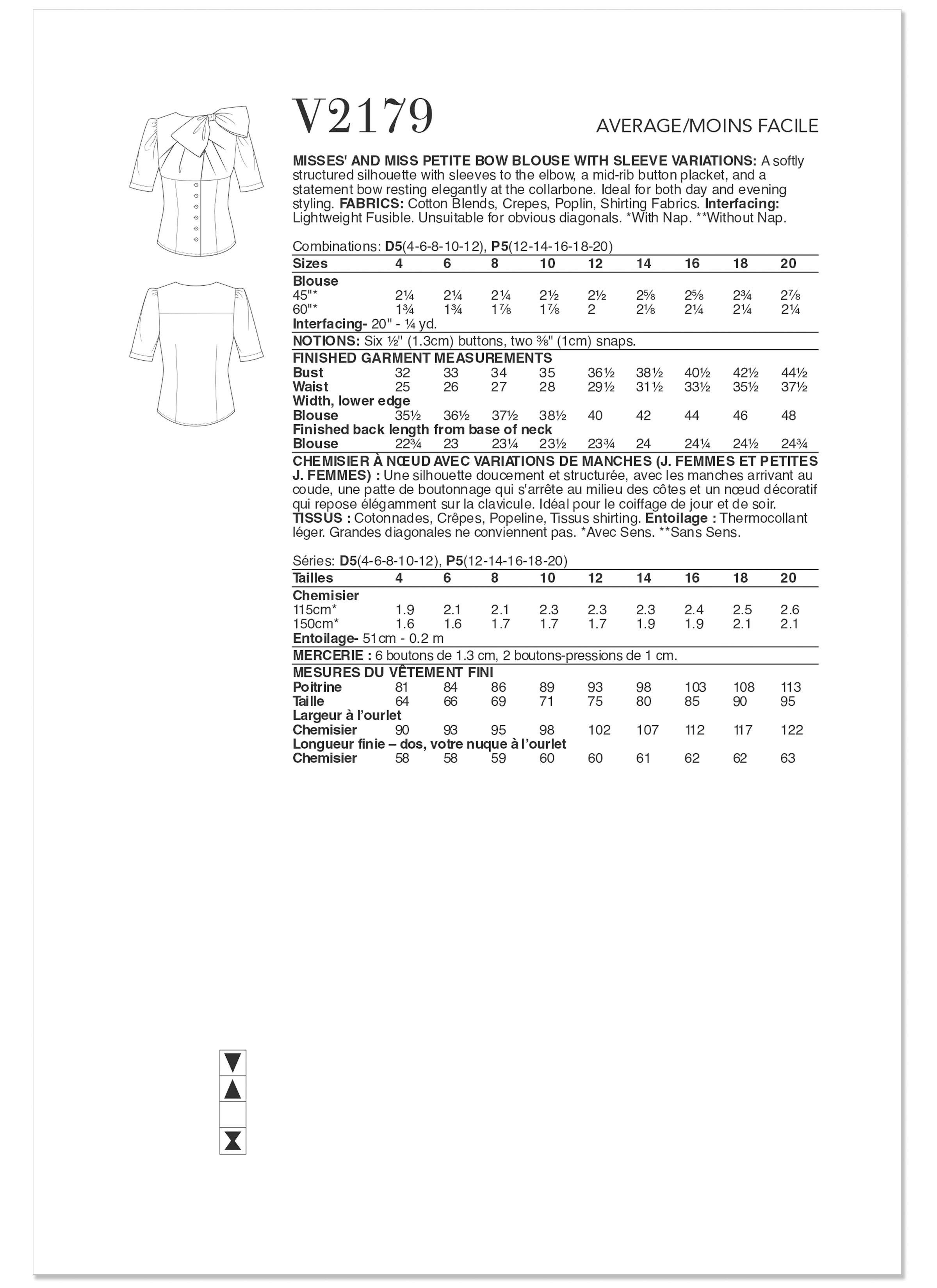 Vogue Patterns V2179 | Vogue Patterns Misses' and Miss Petite Bow Blouse With Sleeve Variations | Back of Envelope