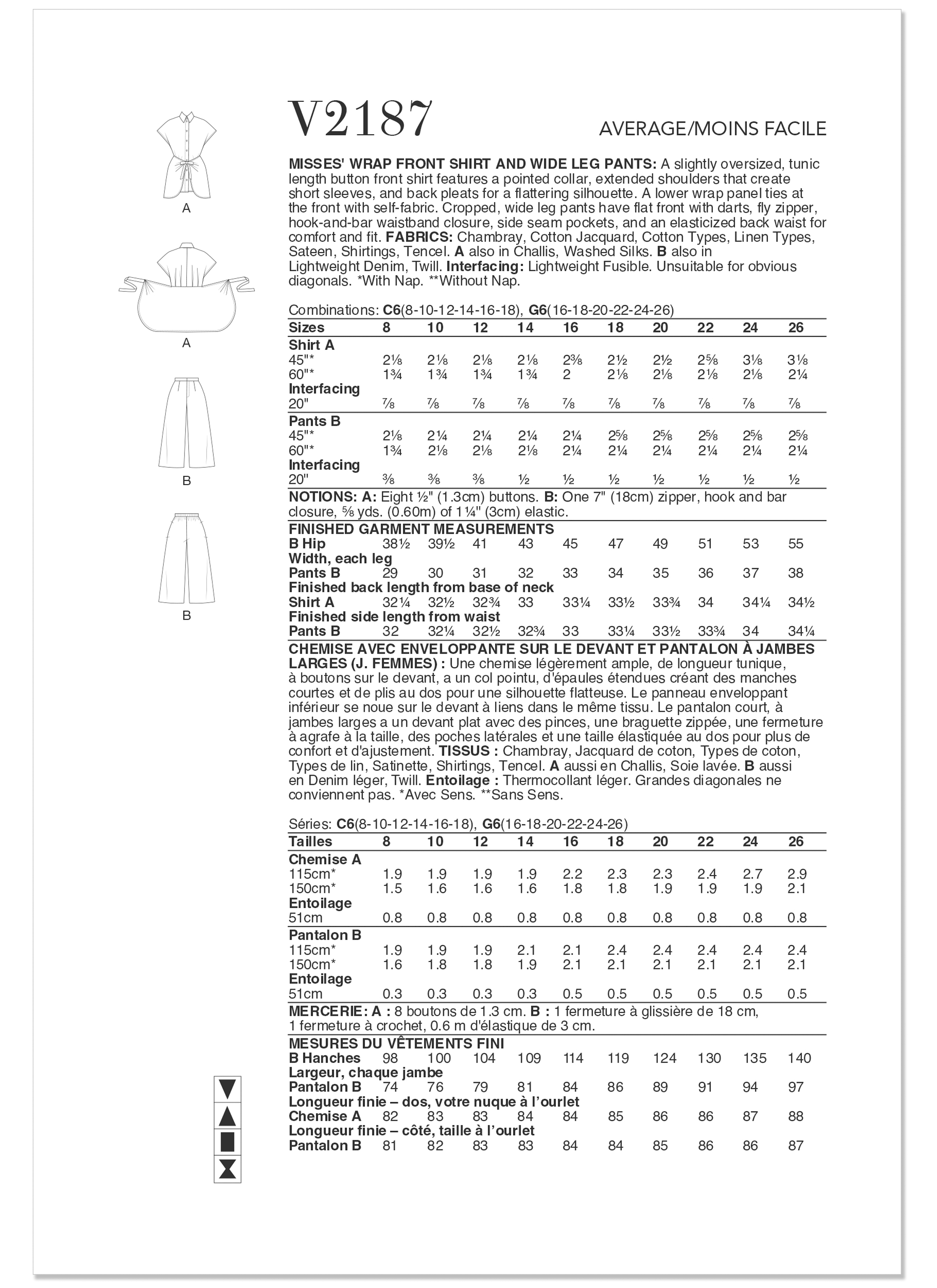 Vogue Patterns V2187 | Vogue Patterns Misses' Wrap Front Shirt And Wide Leg Pants | Back of Envelope