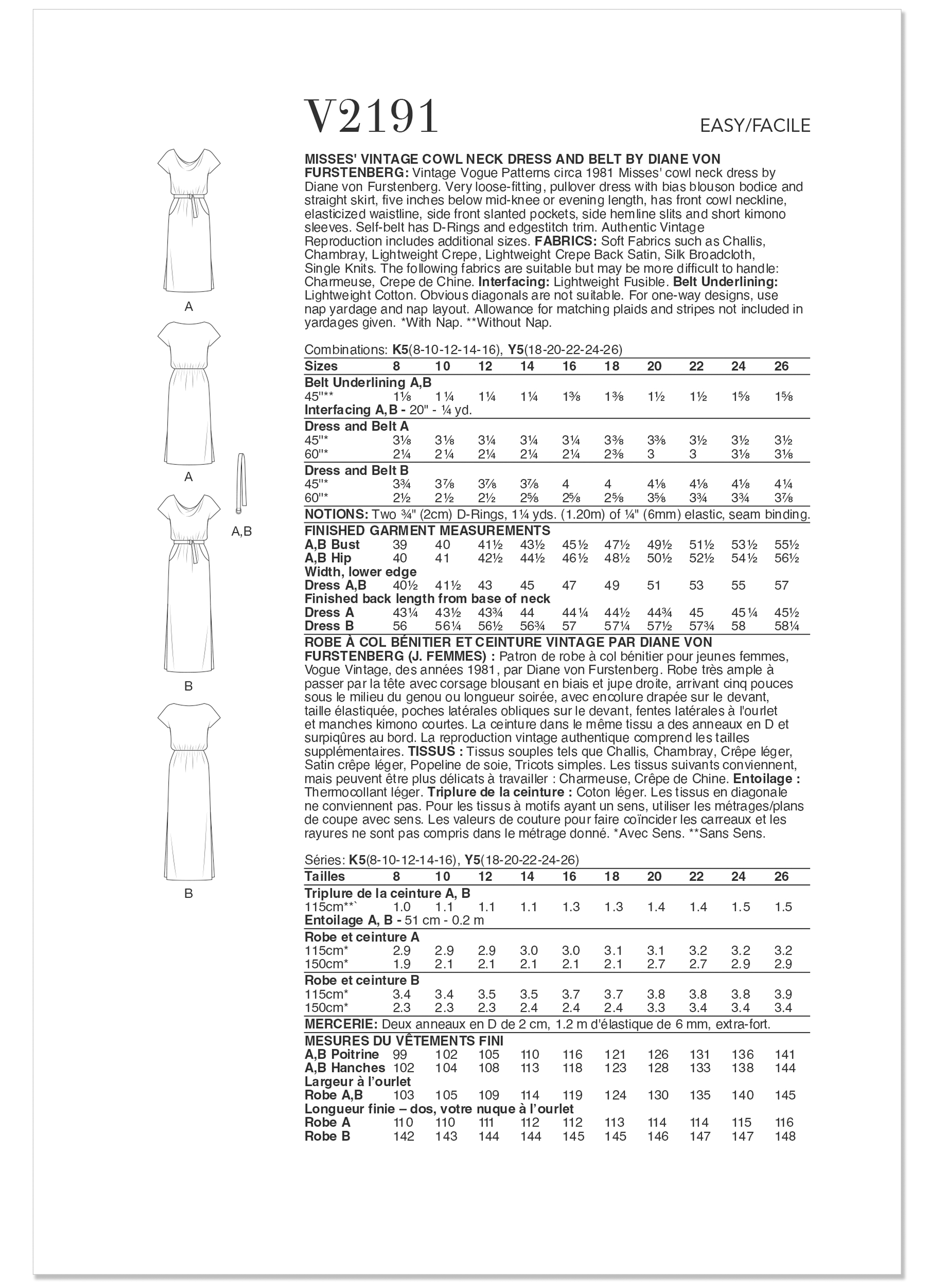 Vogue Patterns V2191 | Vogue Patterns 1980s Misses' Vintage Cowl Neck Dress and Belt by Diane Von Furstenberg | Back of Envelope