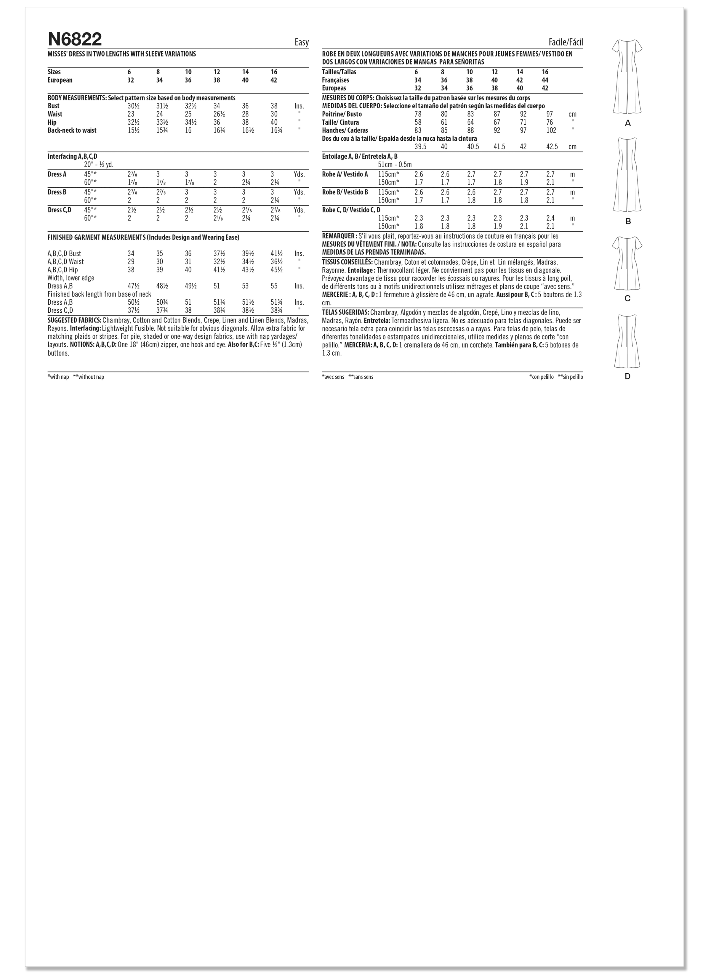 New Look N6822 | New Look Sewing Pattern Misses' Dress in Two Lengths with Sleeve Variations | Back of Envelope