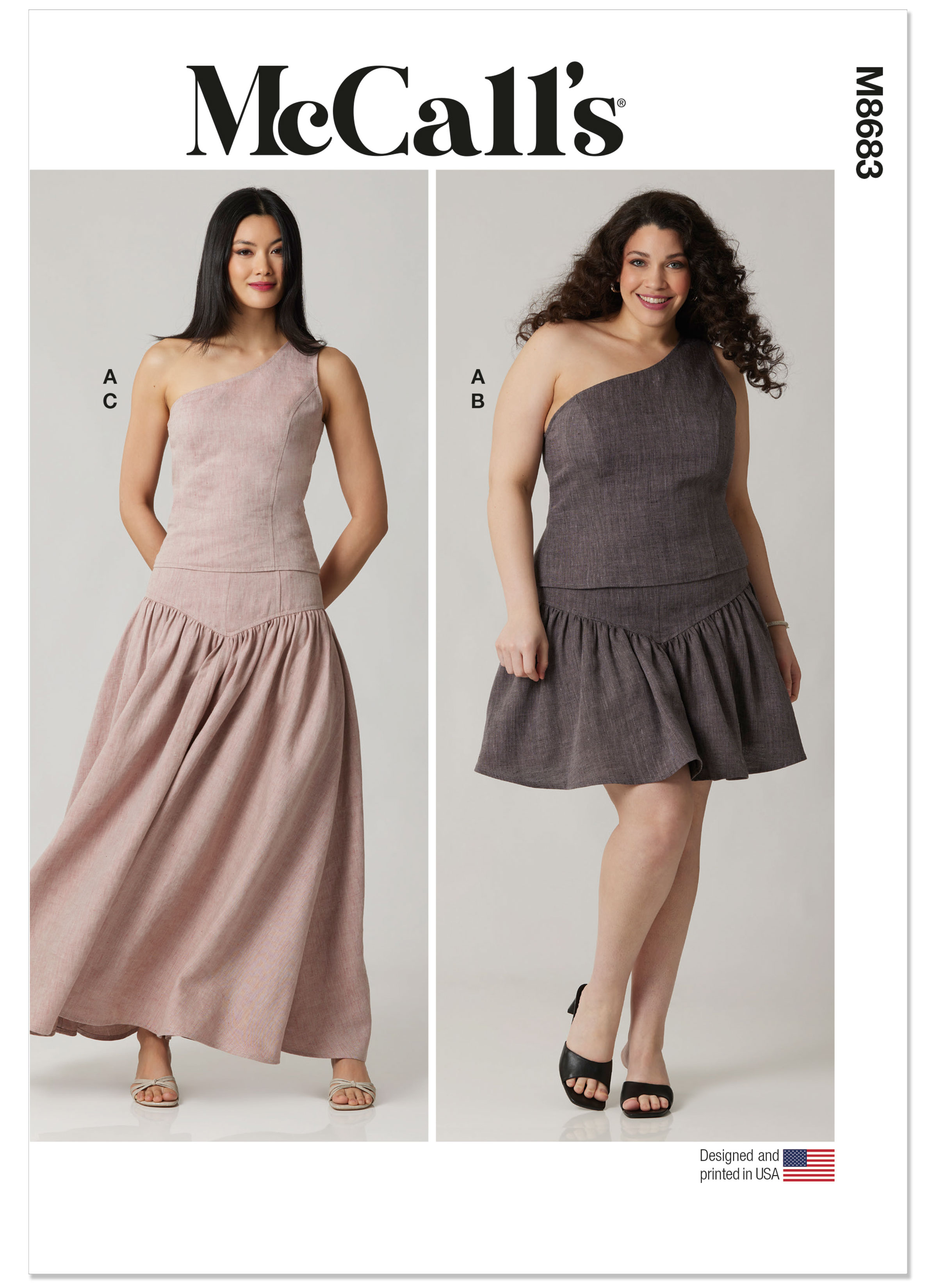 McCall's M8683 | McCall's Sewing Pattern Misses' and Women's One-Shoulder Top and Skirt in Two Lengths | Front of Envelope