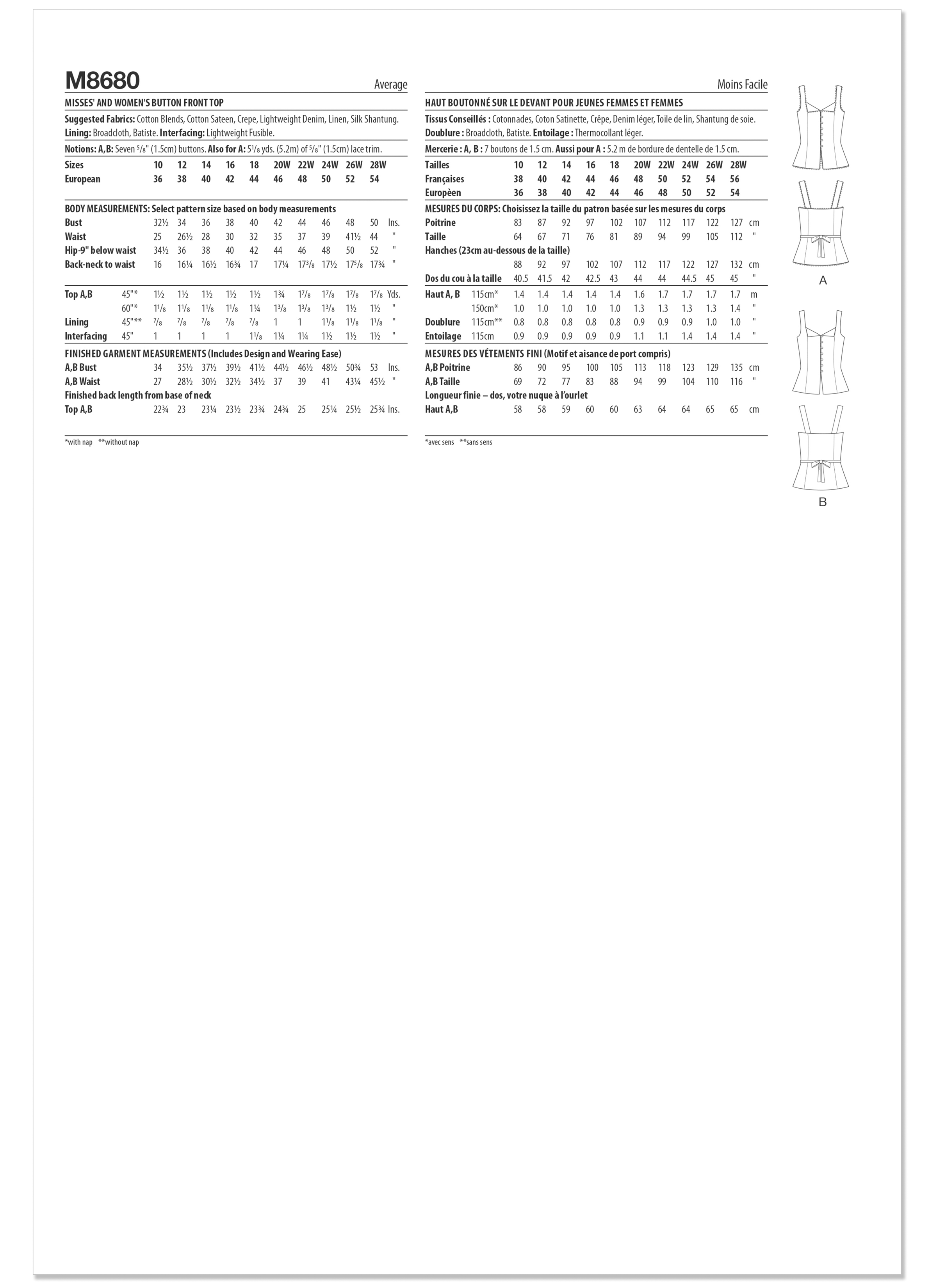 McCall's M8680 | McCall's Sewing Pattern Misses' and Women's Button Front Top | Back of Envelope