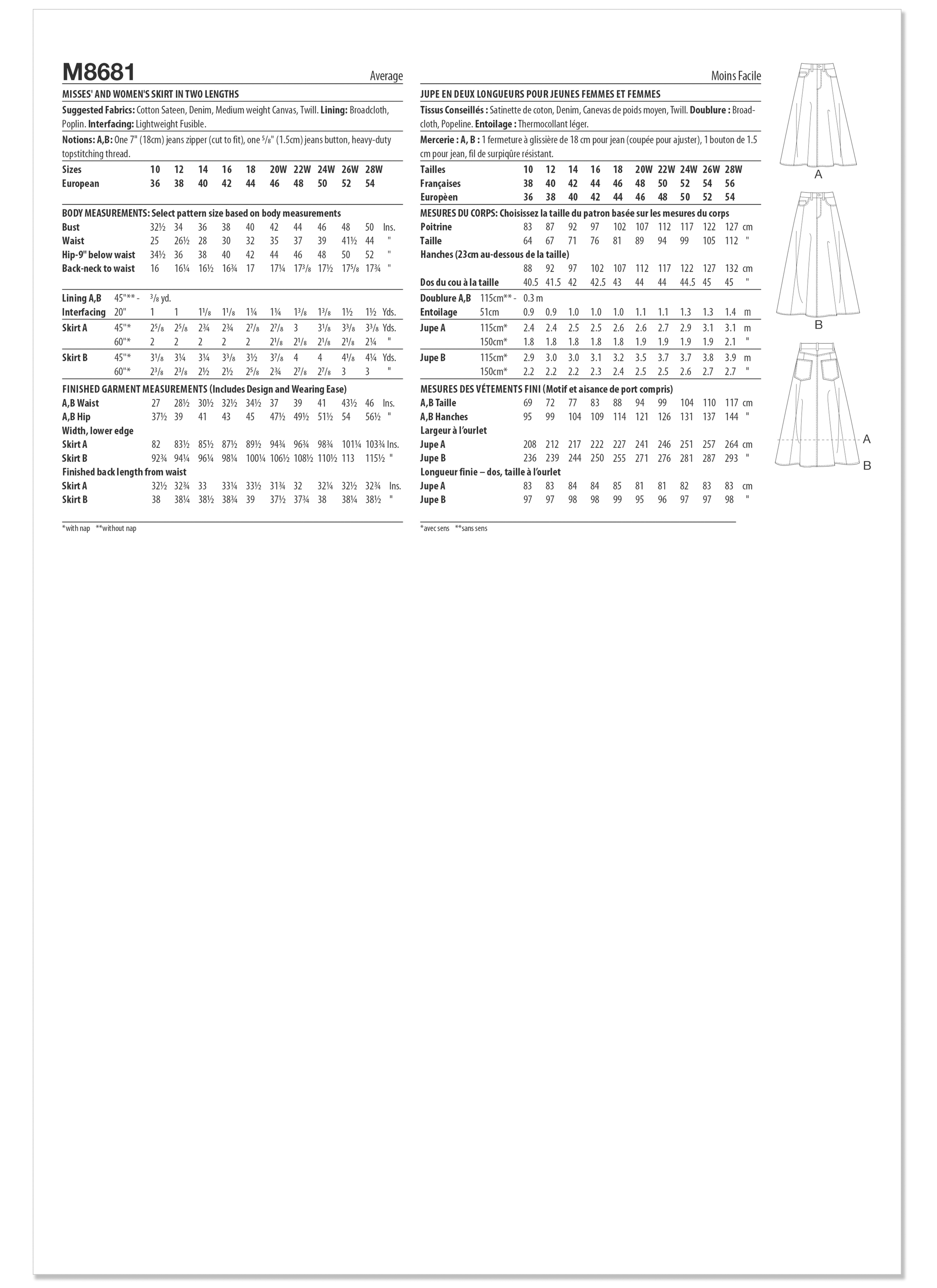 McCall's M8681 | McCall's Sewing Pattern Misses' and Women's Skirt in Two Lengths | Back of Envelope