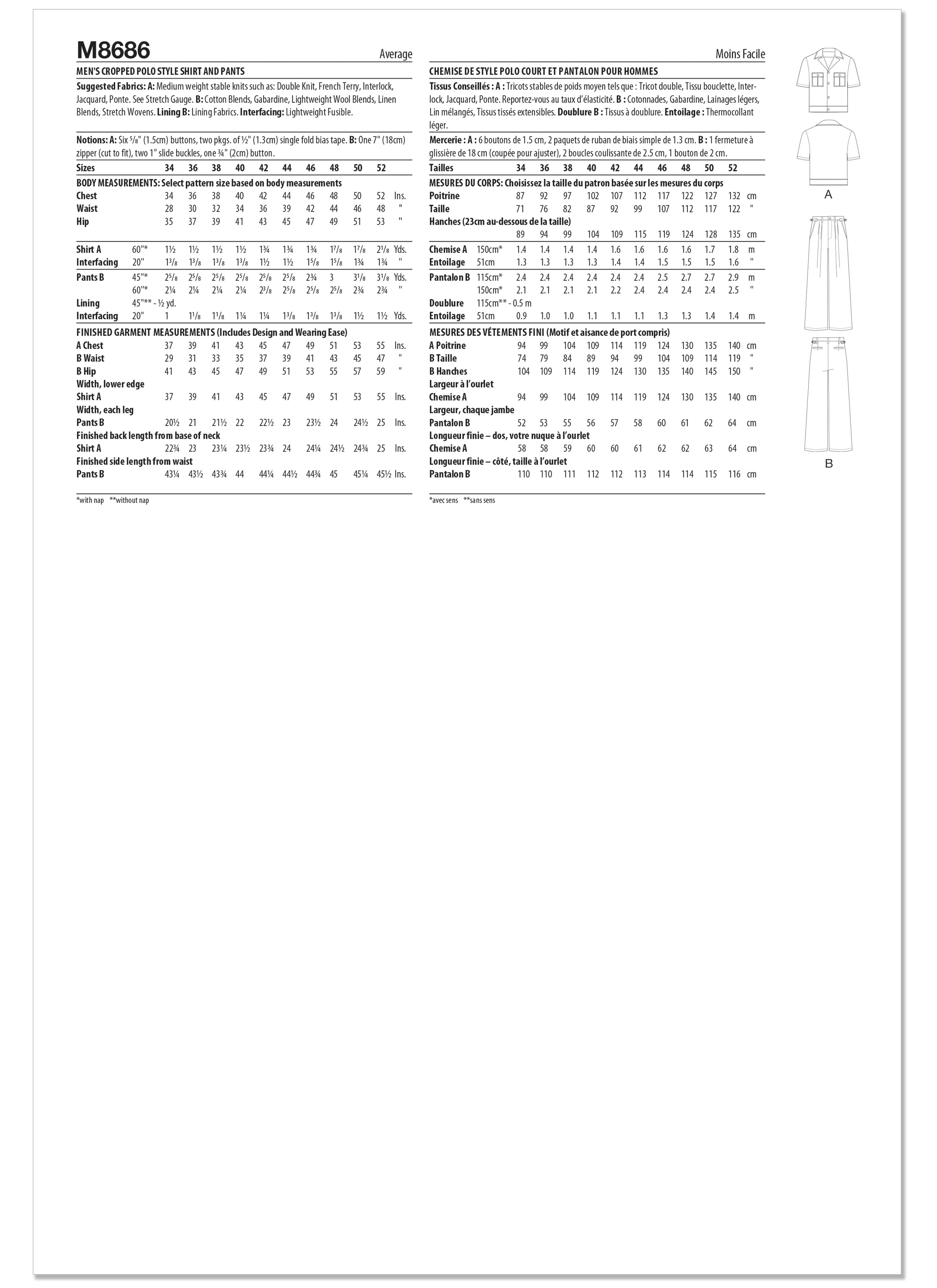 McCall's M8686 | McCall's Sewing Pattern Men's Cropped Polo Style Shirt and Pants | Back of Envelope