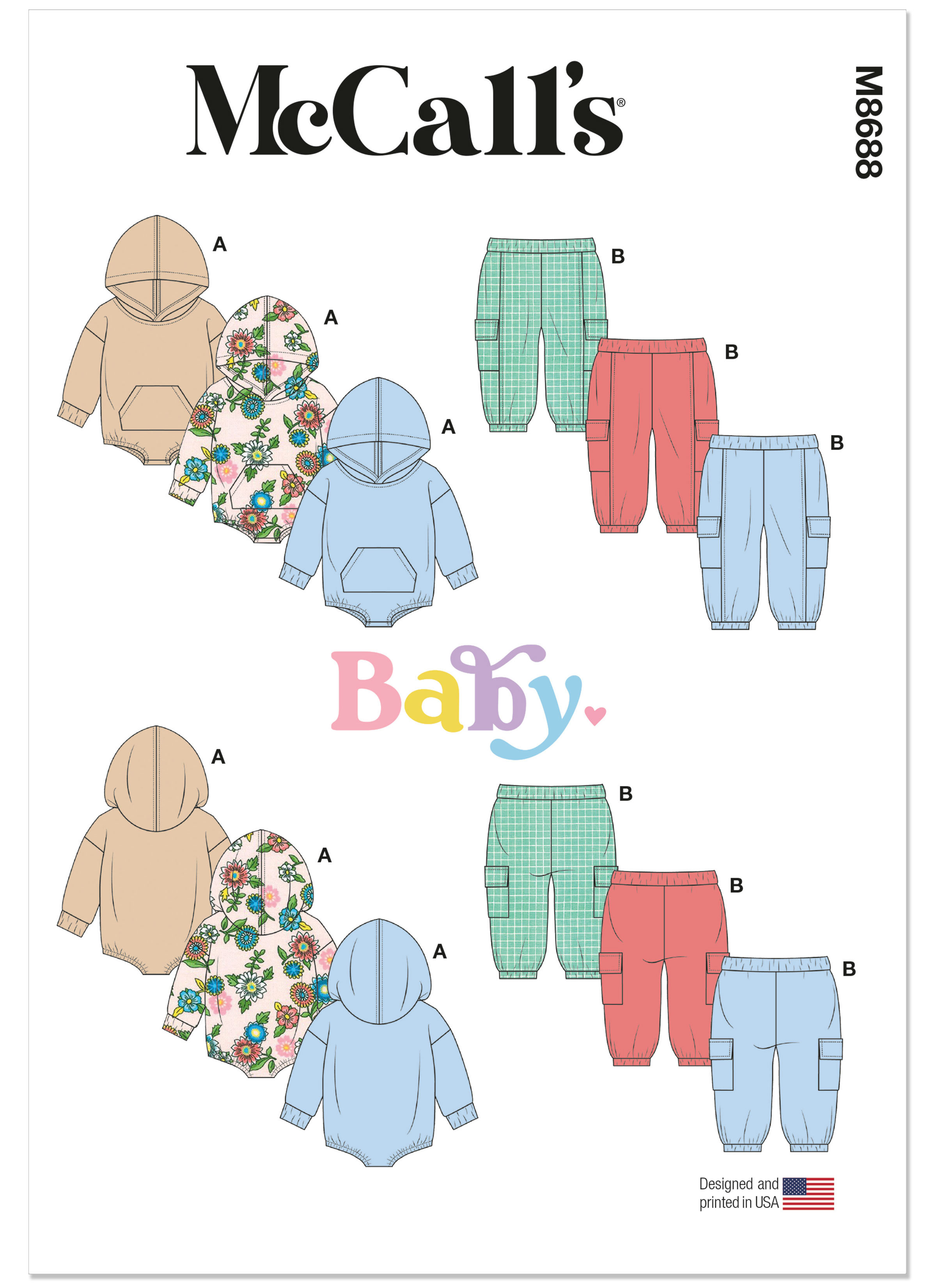 McCall's M8688 | McCall's Sewing Pattern Babies' Hooded Romper and Pants | Front of Envelope