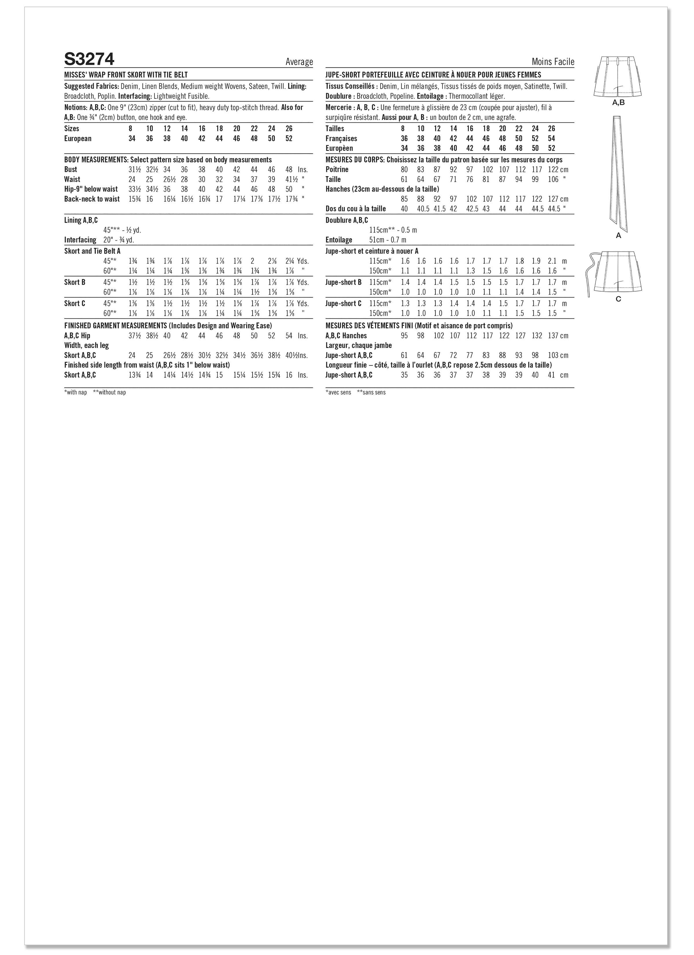 Simplicity S3274 | Simplicity Sewing Pattern Misses’ Wrap Front Skort with Tie Belt | Back of Envelope
