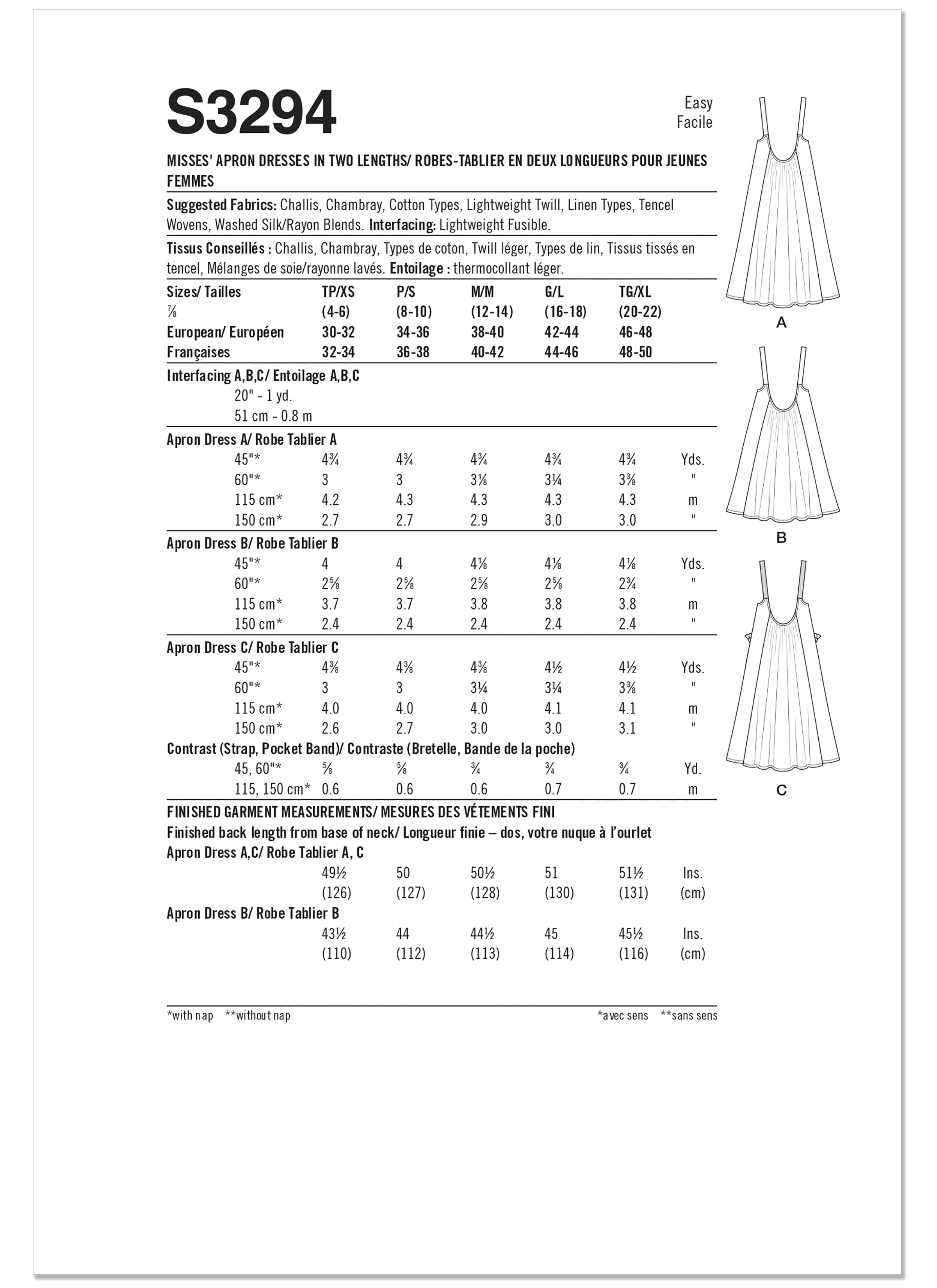 Simplicity S3294 | Simplicity Sewing Pattern Flared Apron Dress | Back of Envelope