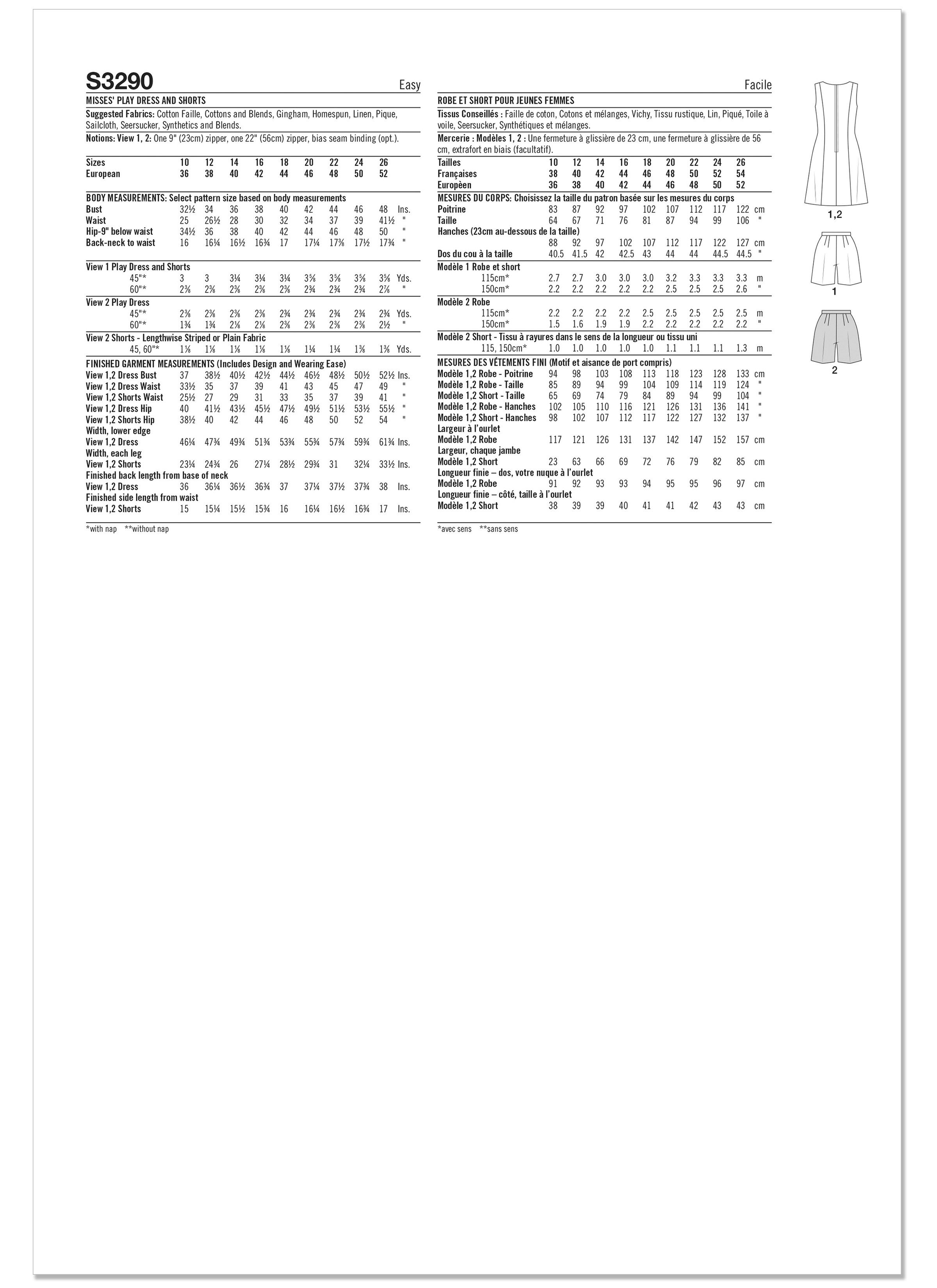 Simplicity S3290 | Simplicity Sewing Pattern Misses' Play Dress and Shorts | Back of Envelope