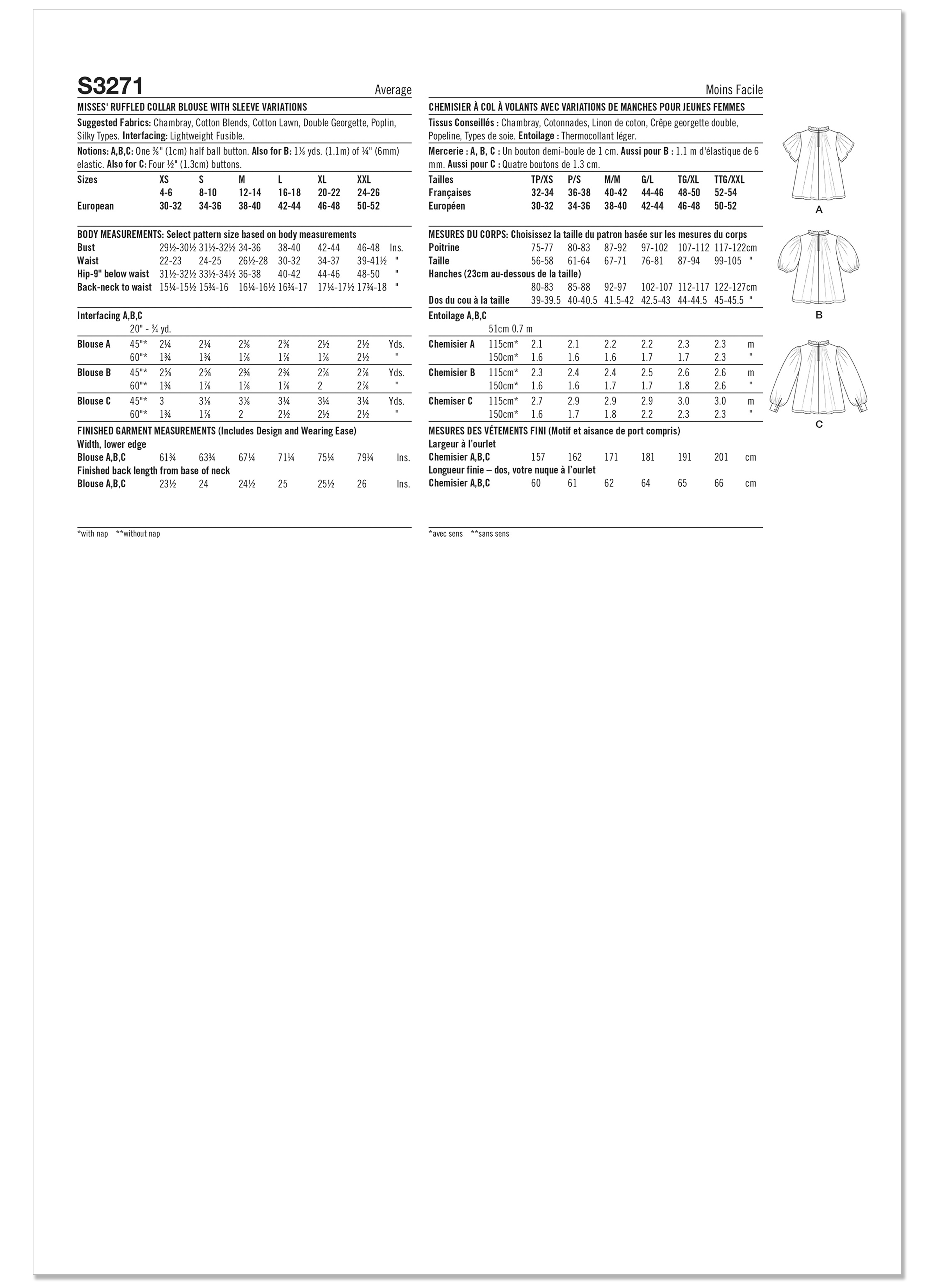 Simplicity S3271 | Simplicity Sewing Pattern Misses’ Ruffled Collar Blouse with Sleeve Variations | Back of Envelope