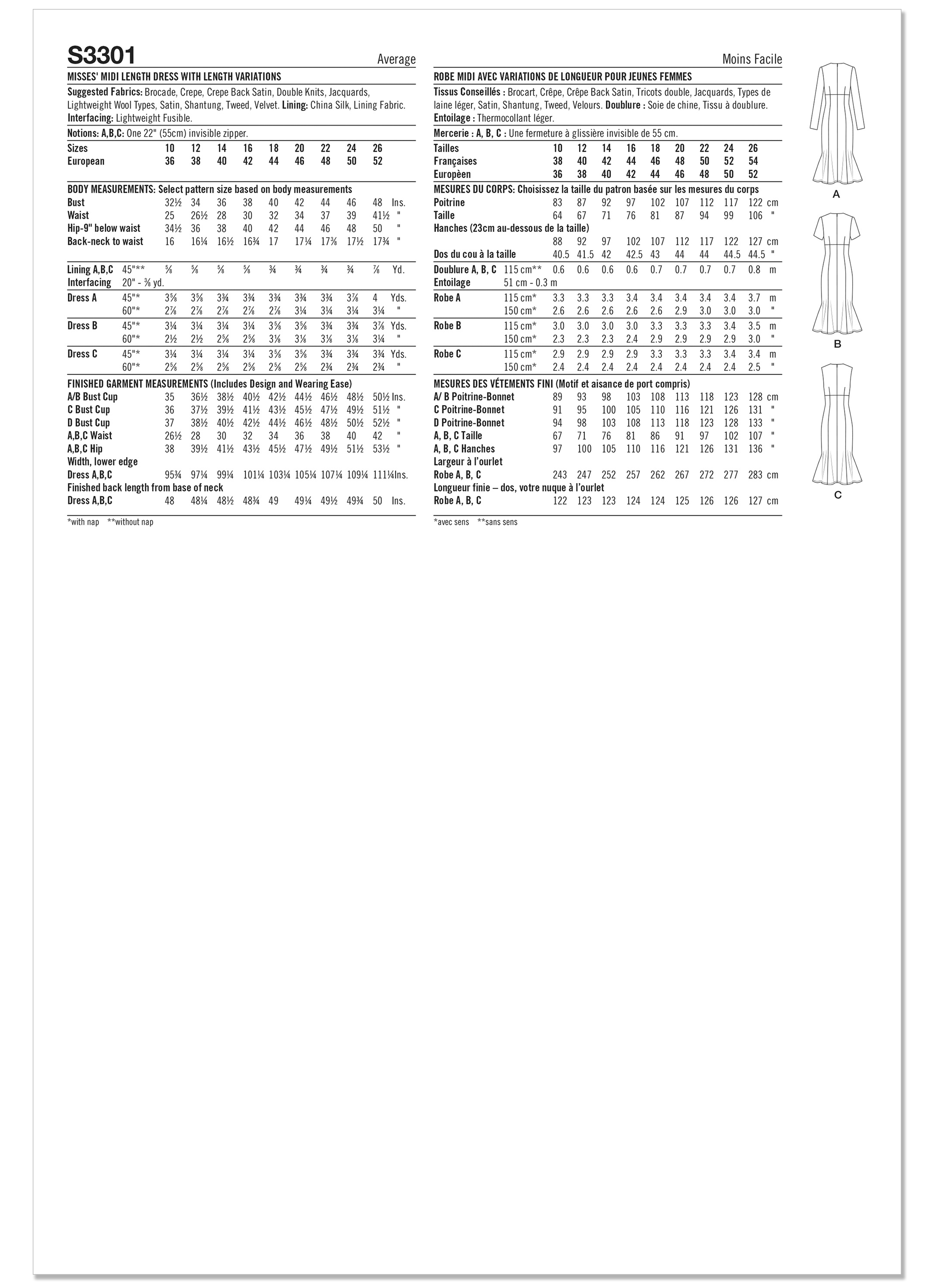 Simplicity S3301 | Simplicity Sewing Pattern Misses’ Midi Length Dress with Sleeve Variations and Custom Cup Sizes | Back of Envelope