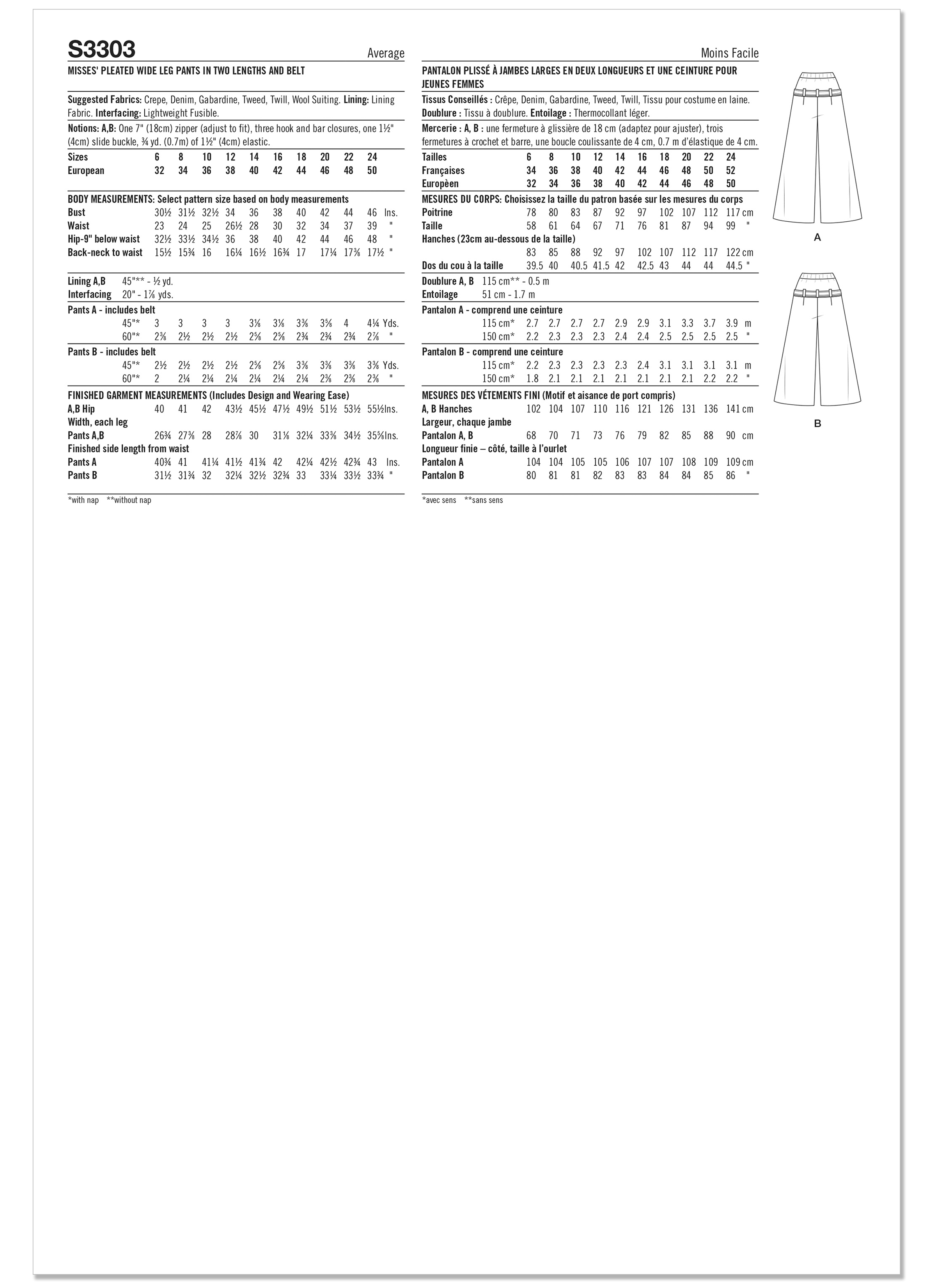 Simplicity S3303 | Simplicity Sewing Pattern Misses' Pleated Wide Leg Pants in Two Lengths and Belt | Back of Envelope